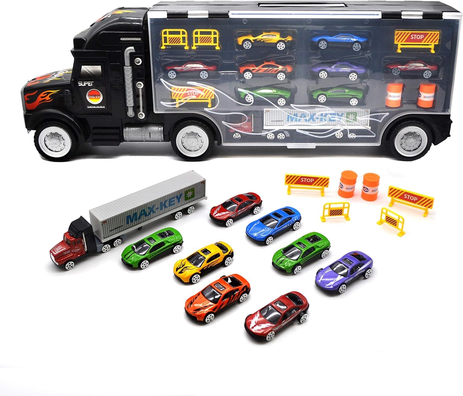 Transport Truck Carrier for Mini Cars and Trucks - Carrier Set for Toys for Boys - Includes 8 Die Cast Cars, 1 Mini Trailer Truck, and Road Accessories - Double Sided Storage Fits 28 Cars (Juguetes pa