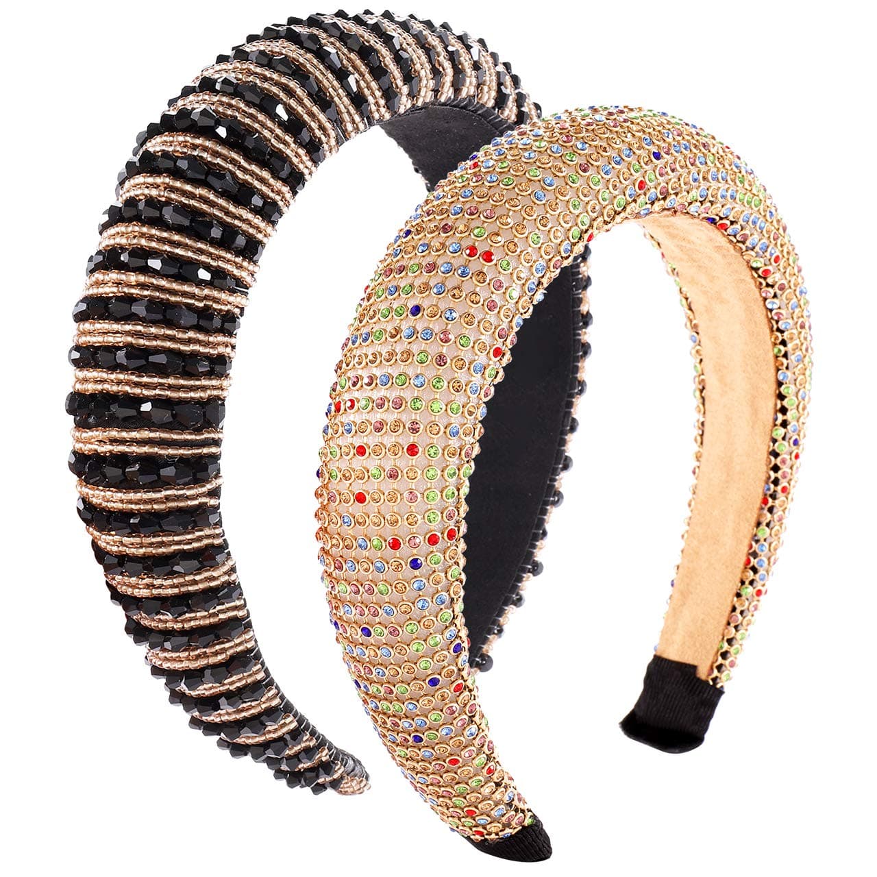 2PCS Rhinestone Padded Headbands for Women Girls Bejewelled Hairbands Delicate Seed Bead Embellished Headbands Wide Velvet Hair Hoop Fashion Hair Accessories for Wedding Prom Party (A)