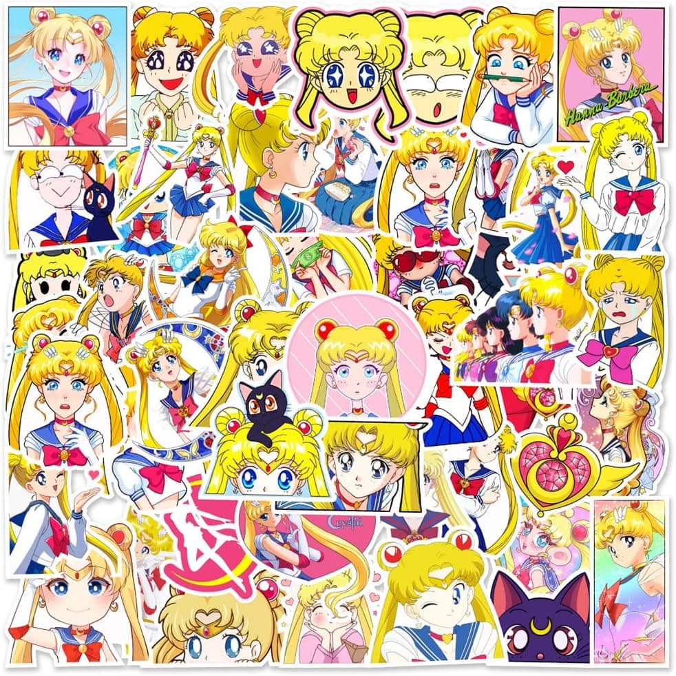 50pcs Sailor Moon Cartoon Anime Waterproof Vinyl Stickers Pack for Hydro Flask,Water Bottles,Laptop,Skateboard,Luggage,Decals for Kids,Boys,Girls,Teens