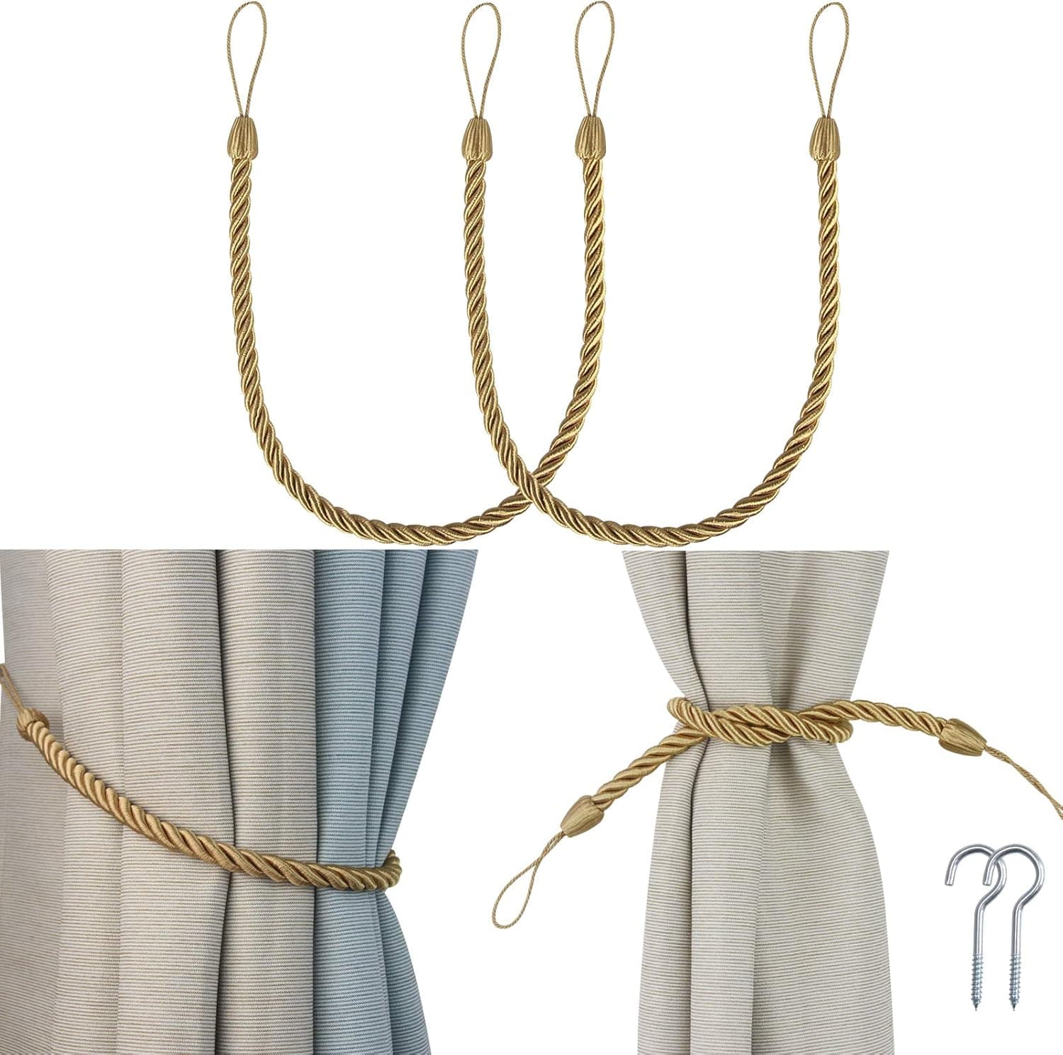 Porlau 2 Pack Handmade Curtain Tiebacks Rope Tie Backs Decorative Curtain Holdbacks with Metal Hooks for Thick or Sheer Outdoor Indoor Window Drapries (Gold, 2)