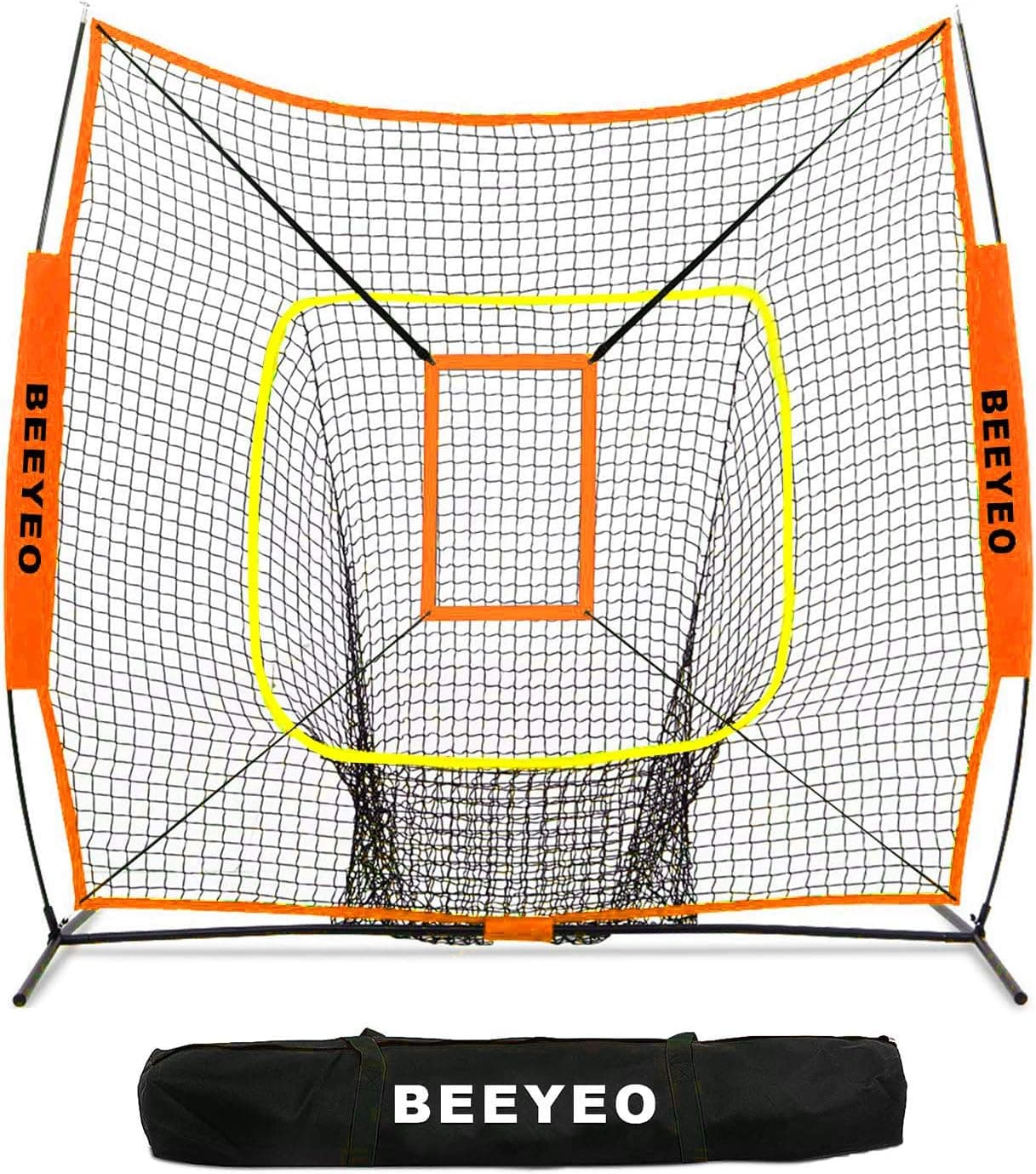 BEEYEO Baseball Net for Hitting and Pitching - Collapsible and Portable Baseball Softball Practice Gear - Heavy Duty Pro Series - Indoor Outdoor Training Net - Bow Frame Bonus Strike Zone