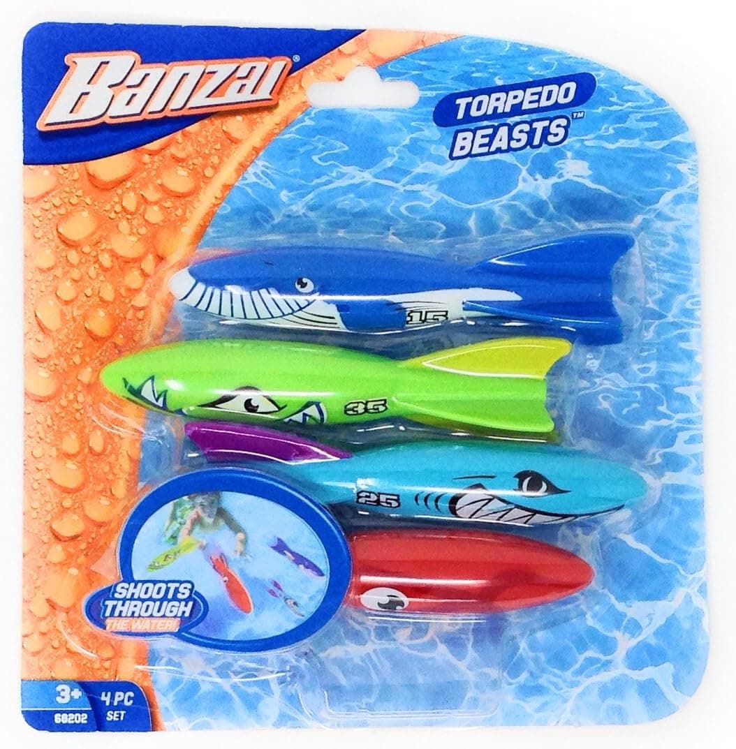 Banzai Swimming Pool Diving Toys Torpedo Beasts Sharks, 4 in a Pack, Ages 3+