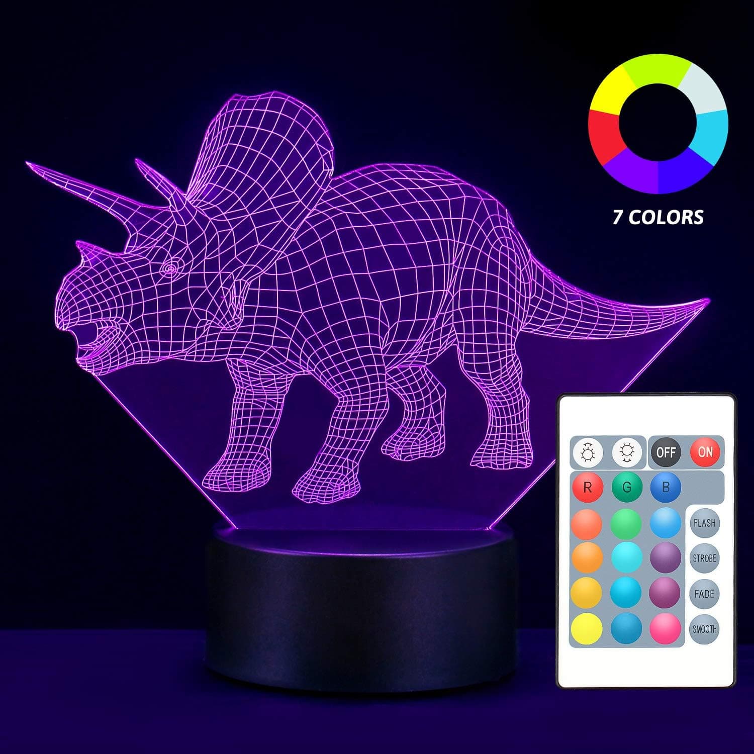 Dinosaur Night Light for Kids, 7 Different LED Color Dinosaurs 3D Night Light for Kids, Bedside Triceratops Lamp with Remote Control & USB, Birthday Gifts for Boys Girls Kids Baby (Giftbox)