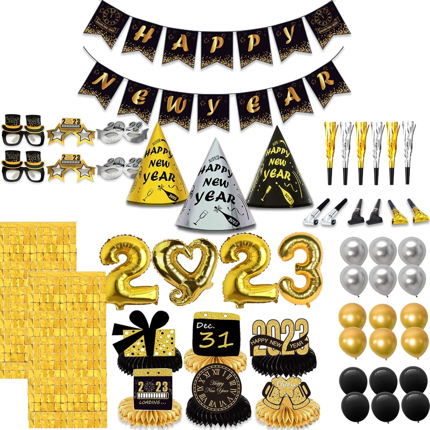 New Years Eve Party Supplies 2023 for 12 Guests, New Years Eve Party Decorations Pack, Including 6 Hat, 6 Glasses, 6 blowouts, 6 Squawkers, 6 Table Centerpiece, 2 Foil Fringe Curtains, 18 Balloons, a New Years Eve Party Banner