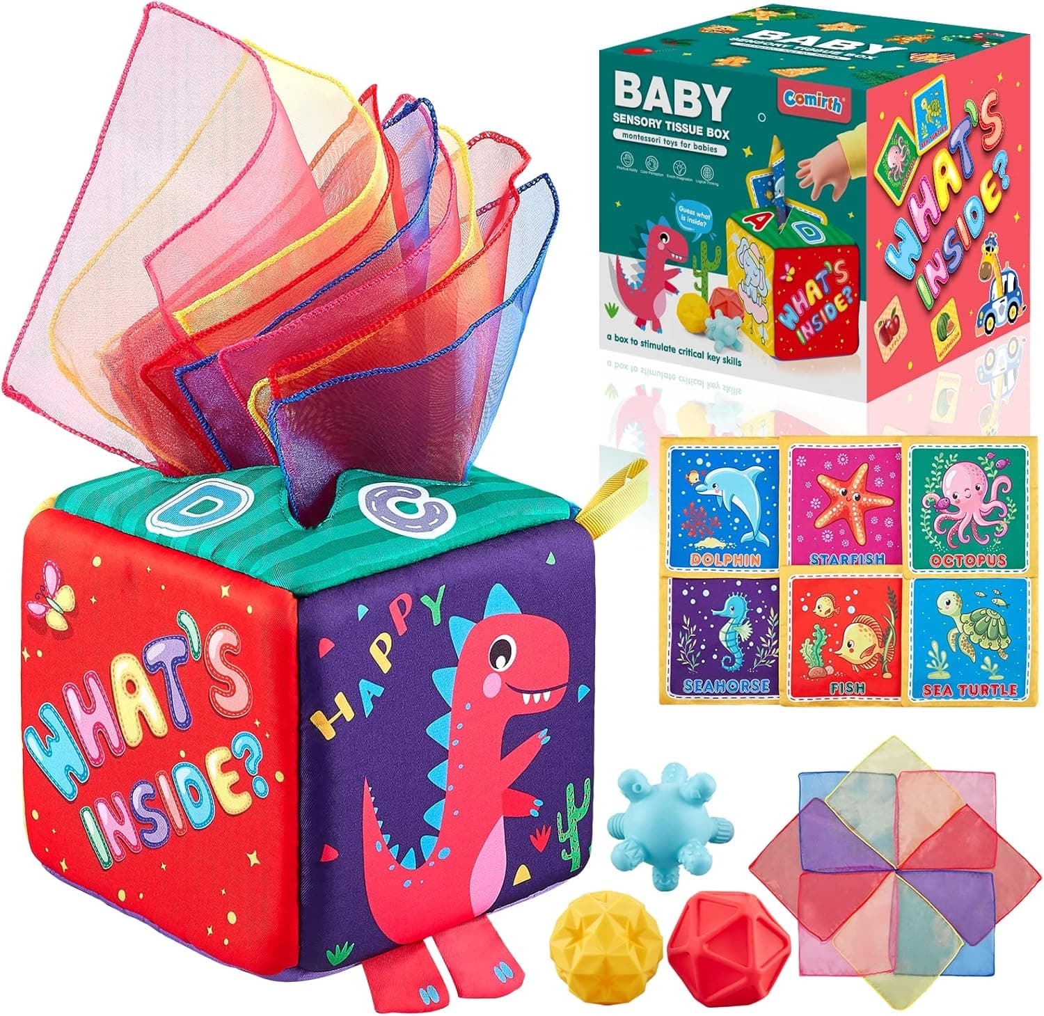 Comirth Baby Tissue Box Toy, Montessori Toys for Babies 6-12 Months - Premium Cotton Play Scarves Infant Toys with 3 Sensory Balls, Newborn Educational Baby Toys 6 to 12 Months, STEM Toddler 1-3 Gift