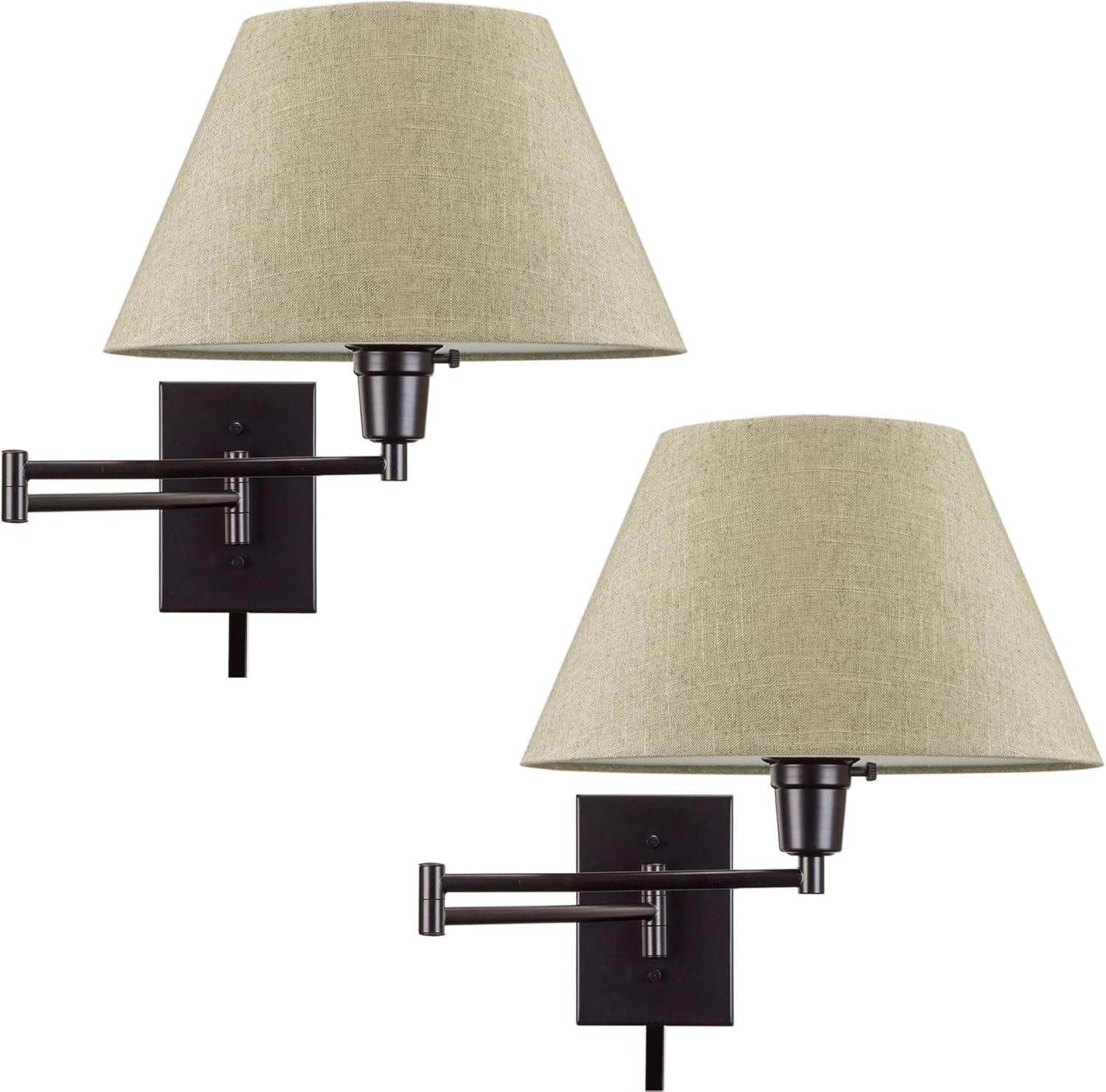 Kira Home Cambridge 13" Swing Arm Wall Lamp - Plug in/Wall Mount + Latte Mocha Fabric Shade, 150W 3-Way + Cord Covers, Black Finish, 2-Pack