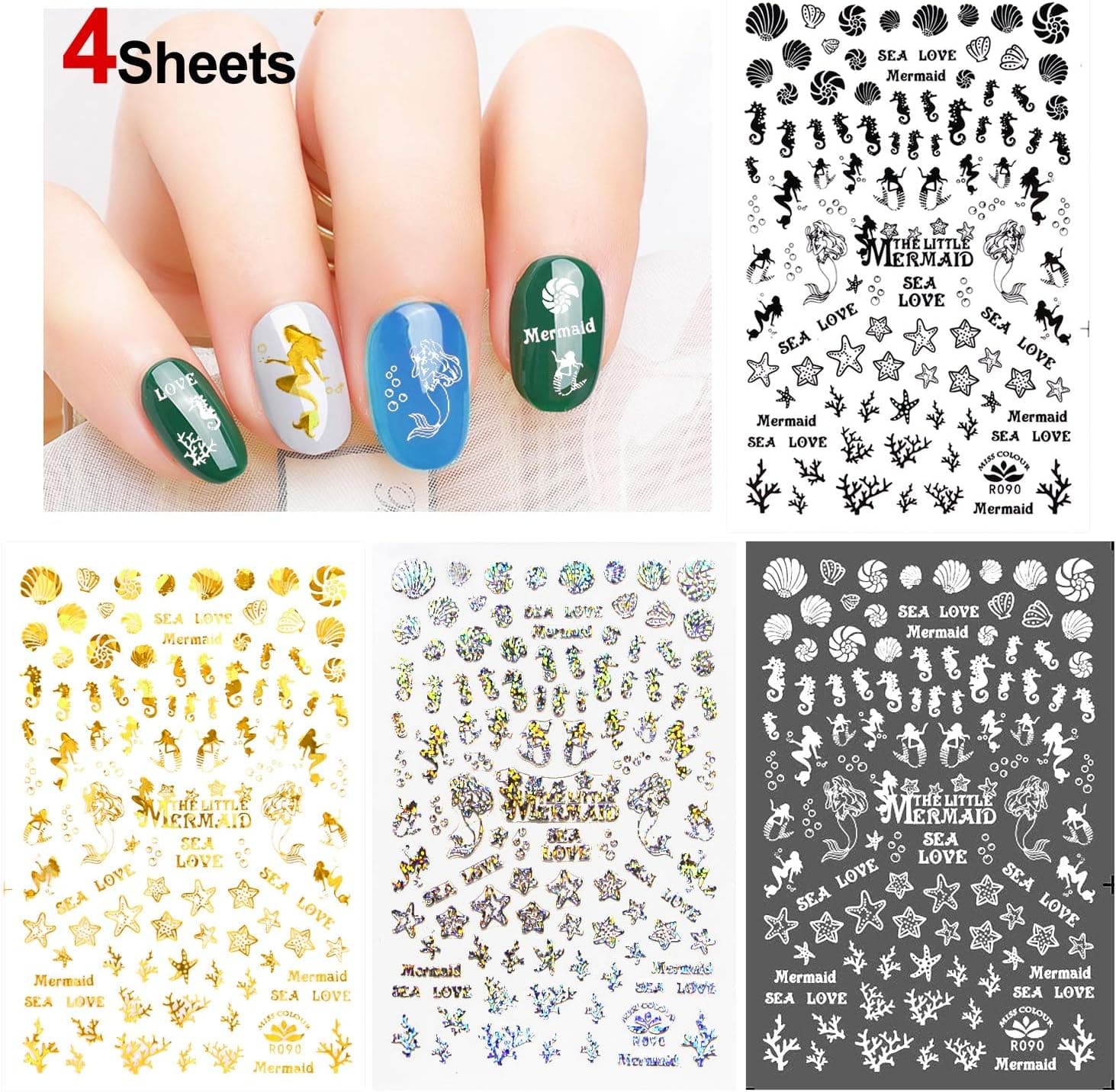 Konsait Mermaid Nail Stickers Decals (350+Designs), 3D Nail Art Stickers Self-adhesive Nail Tips Decorations for Kids Women Girls Gift Mermaid Birthday Party Bag Filler
