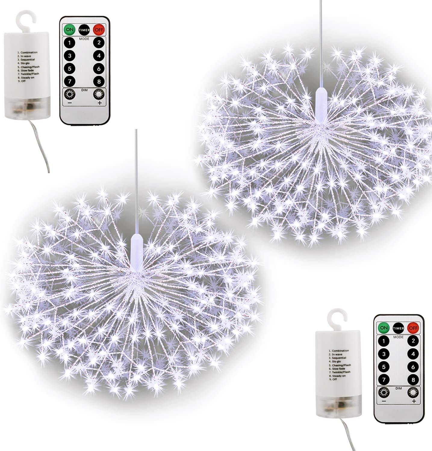 TURN RAISE 2 Pack 198 LED Decorative Lights, Waterproof LED Hanging Lights with 8 Modes Dimmable by Remote Control, DIY Fireworks Decorative Lights for Indoor&Outdoor, Wedding, Party, Festival(White)