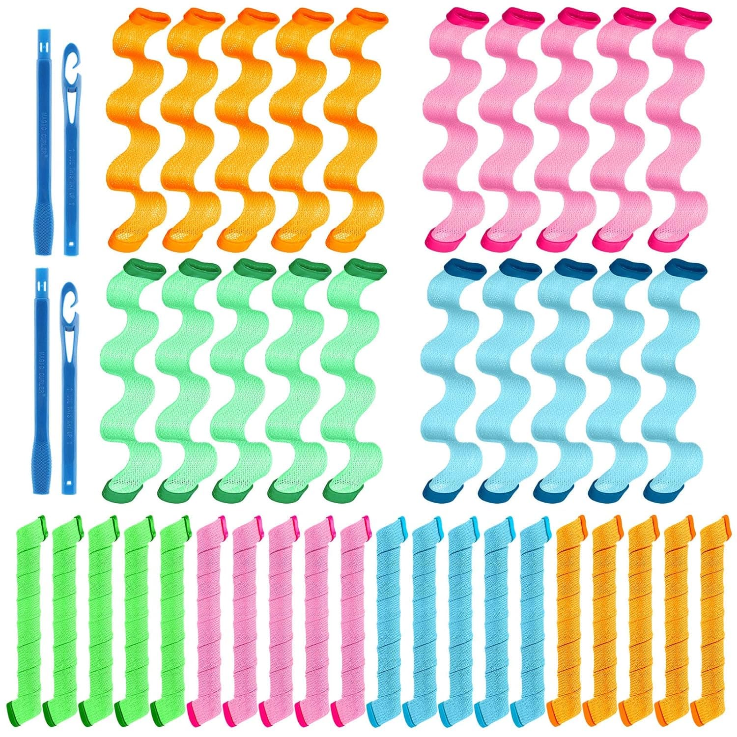 42 Pieces Spiral Curlers Wave Curls Kit, No Heat Hair Curlers Styling, 40 Pieces Hair Curler Rollers Curling Rods 2 Pieces Styling Hooks for Hair Supplies (25 cm A/ 9.84 Inch, 20 cm B/ 7.87 Inch)