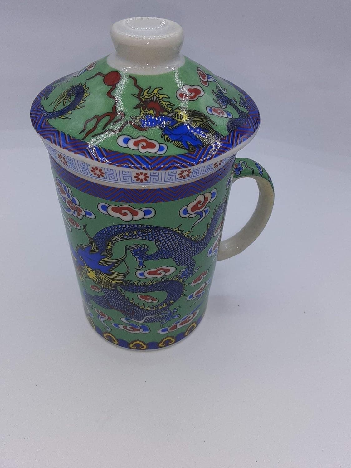 Dragon 10 oz Ceramic Tea Mug with Infuser, Lid and handle - Single Cup for Loose Tea Brewing (Green)