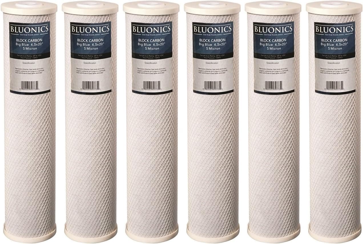 BLUONICS Carbon Block Replacement Water Filters Case of 6 pcs (5 Micron) 4.5" x 20" Cartridges for Chlorine, Herbicides, Insecticides, Bad Taste and Odor