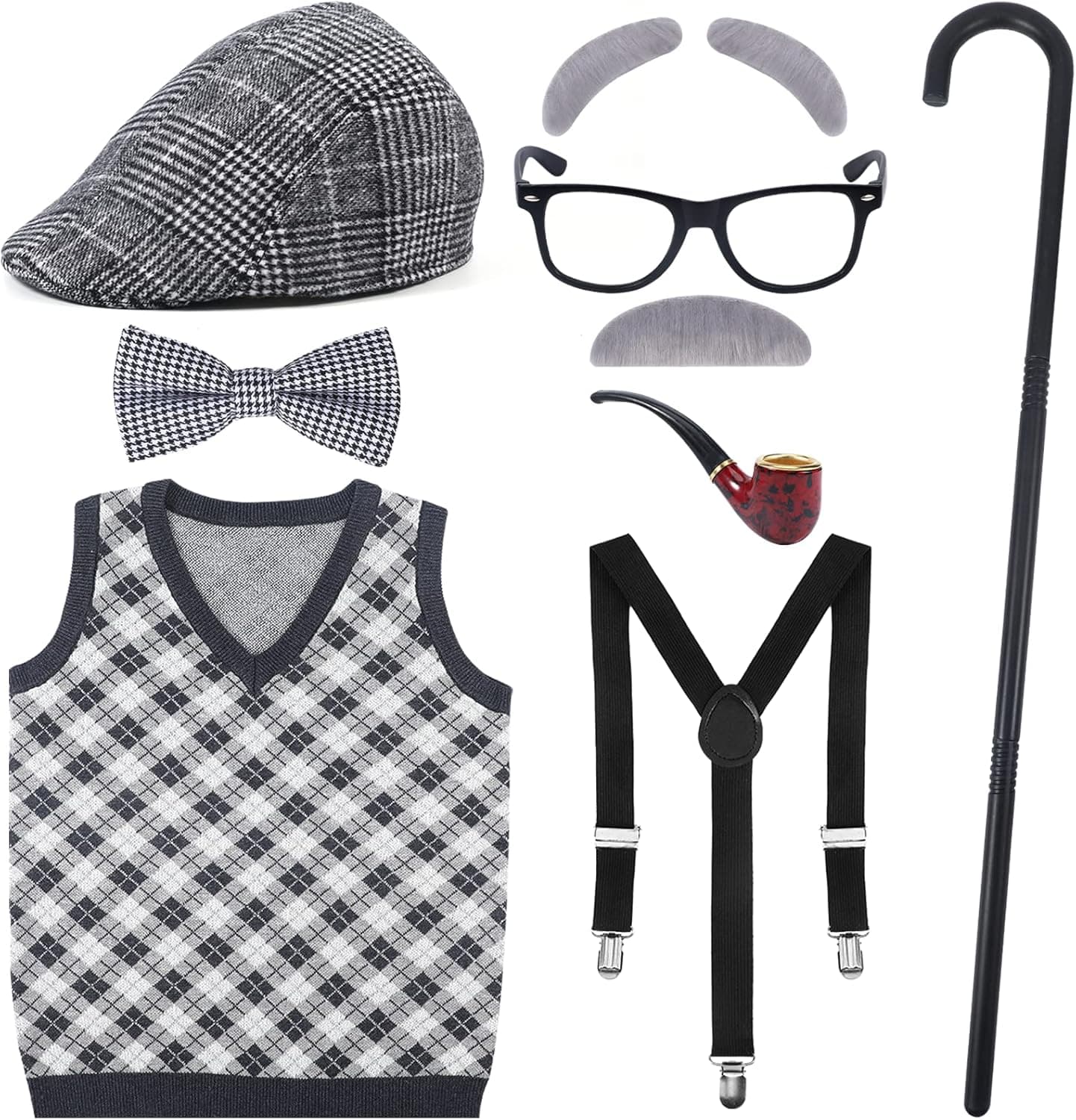 Old Man Costume Set for Kids Boys-Halloween Old Man Costume Kids 100 Days of School Grandpa Set for Child Old Man Costume Set with Many Parts (Large size)