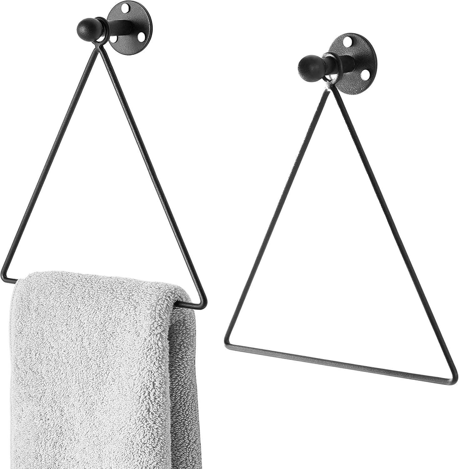 MyGift Wall Mounted Modern Black Metal Triangular Hand Towel Ring Holder for Bathroom with Easy to Hang Mount, Set of 2