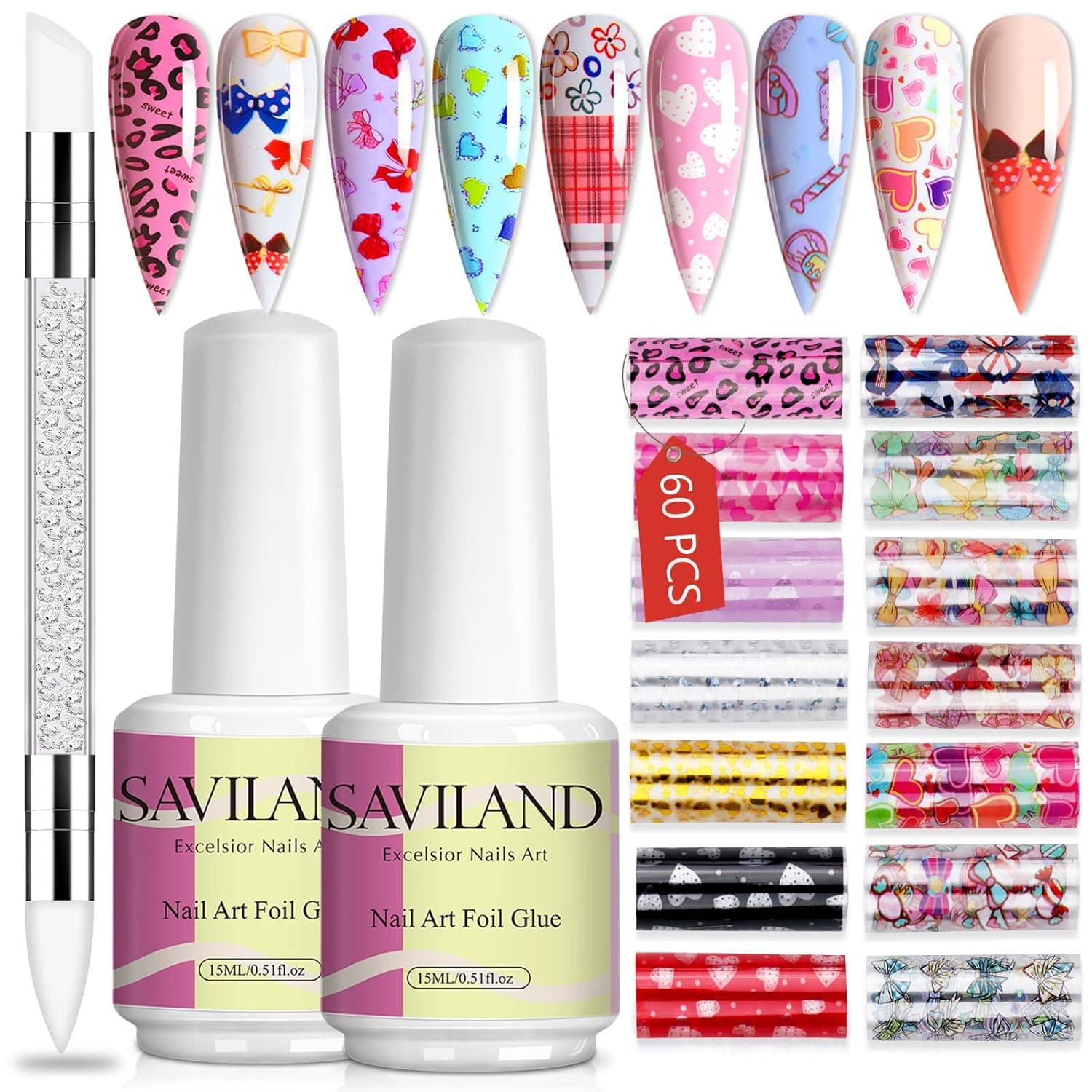 SAVILAND Nail Art Foil Glue Gel Kit - 2pcs 15ML Nail Foil Glue with 60pcs Cartoon Nail Transfer Stickers Full Nail Wraps, Nail Art Sculpture Pen for DIY Decoration at Home or Nail Salon