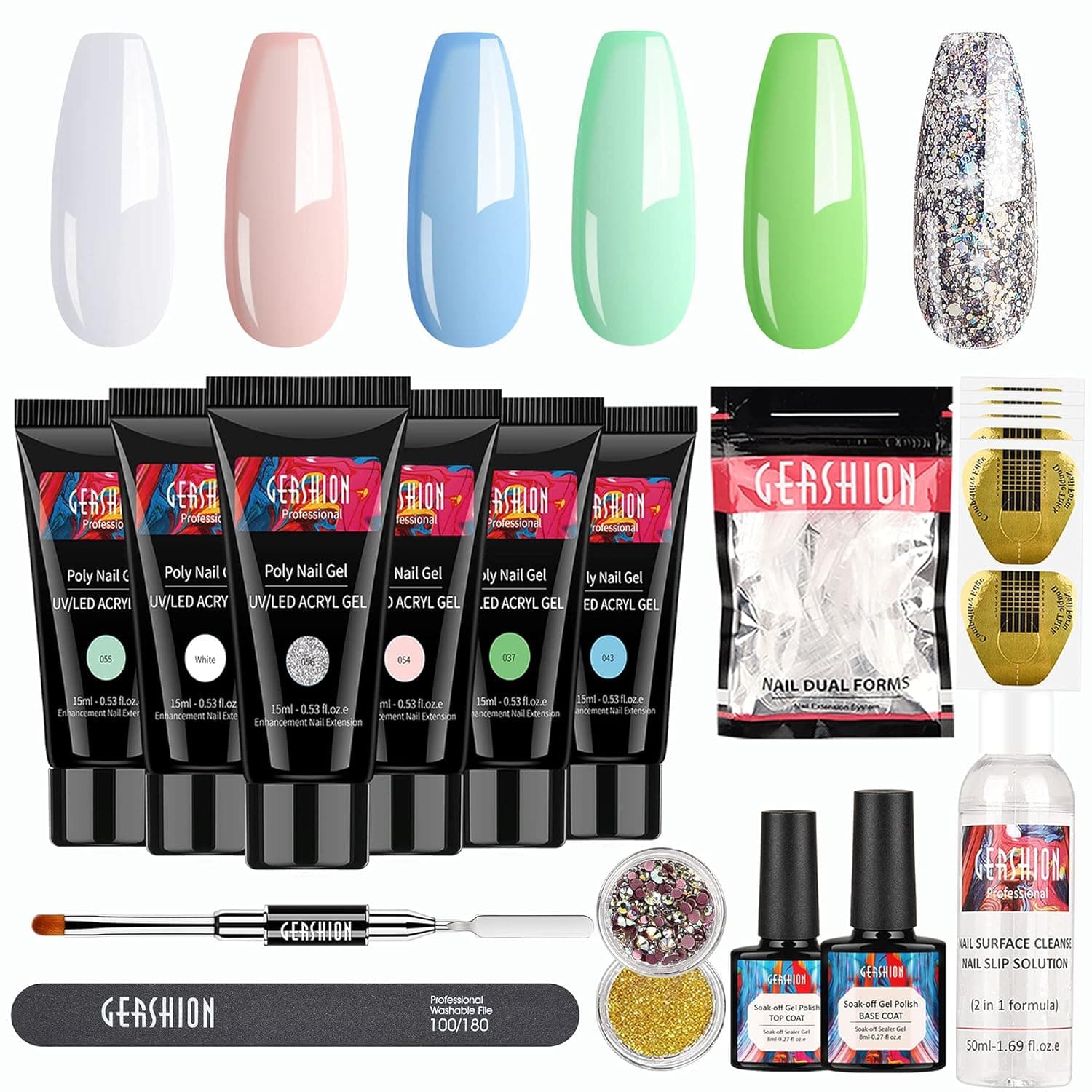 Gershion Poly Nail Gel Kit 6 Colors Nail Extension Gel Set with 50ml Slip Solution and Base Top Coat Polly Jell Nail Kit Clear Pink Nail Art Beginner French Kit Nail Salon DIY at Home S-39