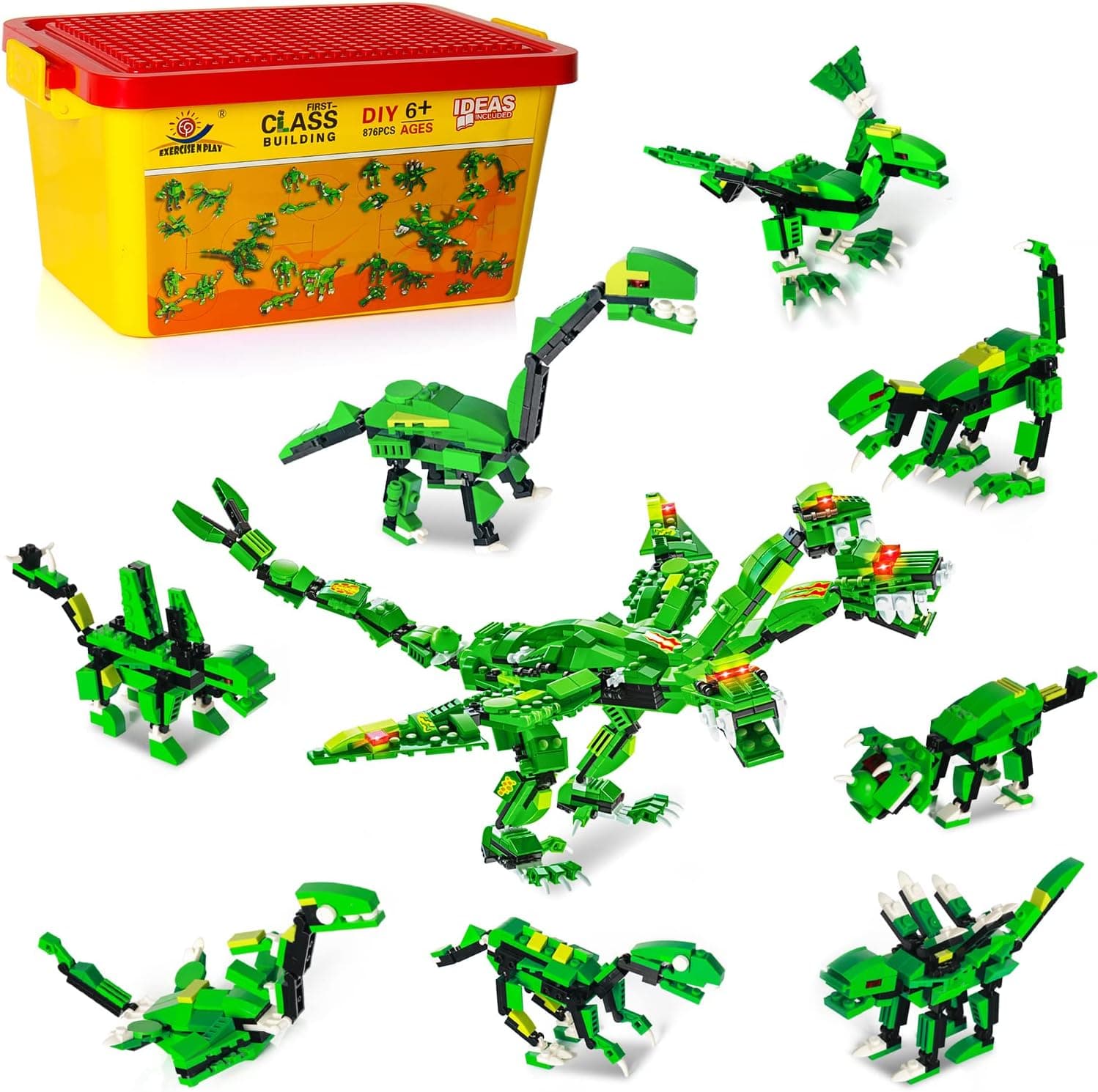 EP EXERCISE N PLAY 876 Pcs Dinosaurs Building Blocks Toys Set, 8 in 1 Super Three-Headed Dino Toy with Storage Bucket, Best Gift for Boys and Kids Aged 5+