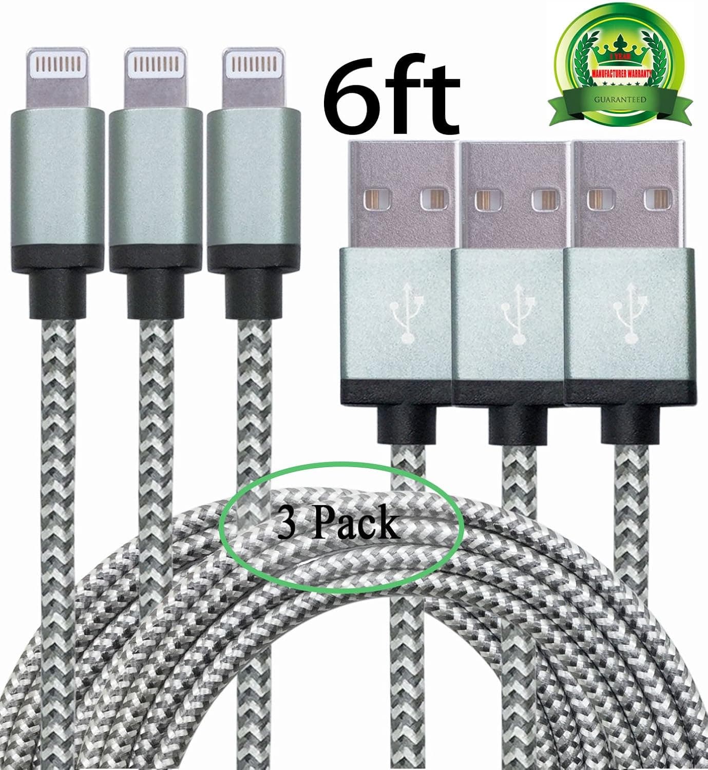 Abloom 3Pack 6ft Nylon Braided Popular Lightning Cable 8Pin to USB Charging Cable Cord with Aluminum Heads for iPhone 6/6s/6 Plus/6s Plus/5/5c/5s/SE,iPad iPod Nano iPod Touch(Gray)