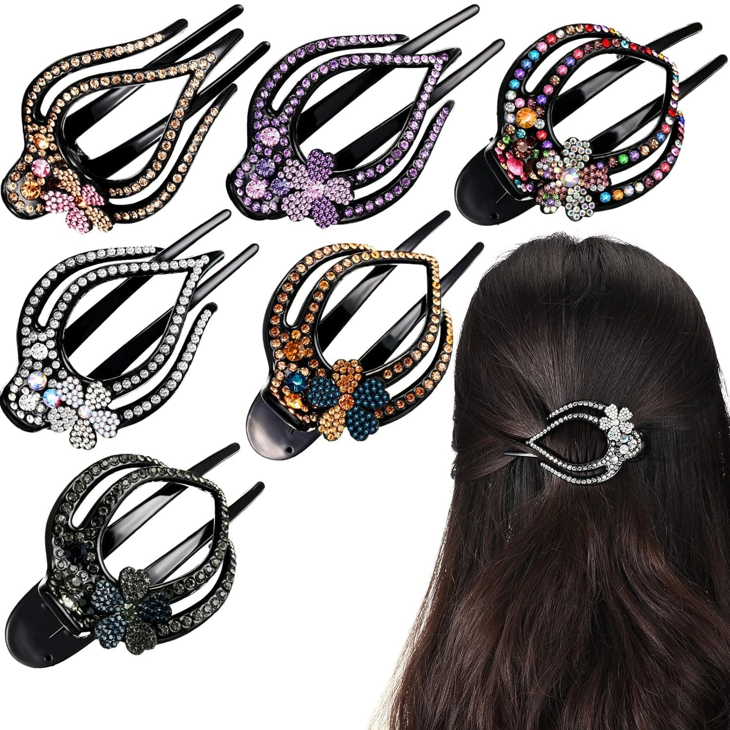 6 Packs Heart Style Ponytail Hair Clip Duckbill Rhinestones Clip Sparkly Headdresses for Women Decorative Hair Clip Fancy Flower Barrette Diamond Hair Accessories for Women Girls