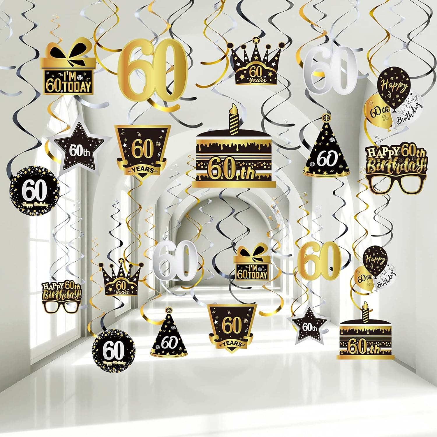 30 Pieces Birthday Party Decorations, Birthday Party Hanging Swirls, Silver Black Golden Cake Glasses Balloons Sign Foil Swirls Ceiling Decorations for Boy and Girl (60th Style)