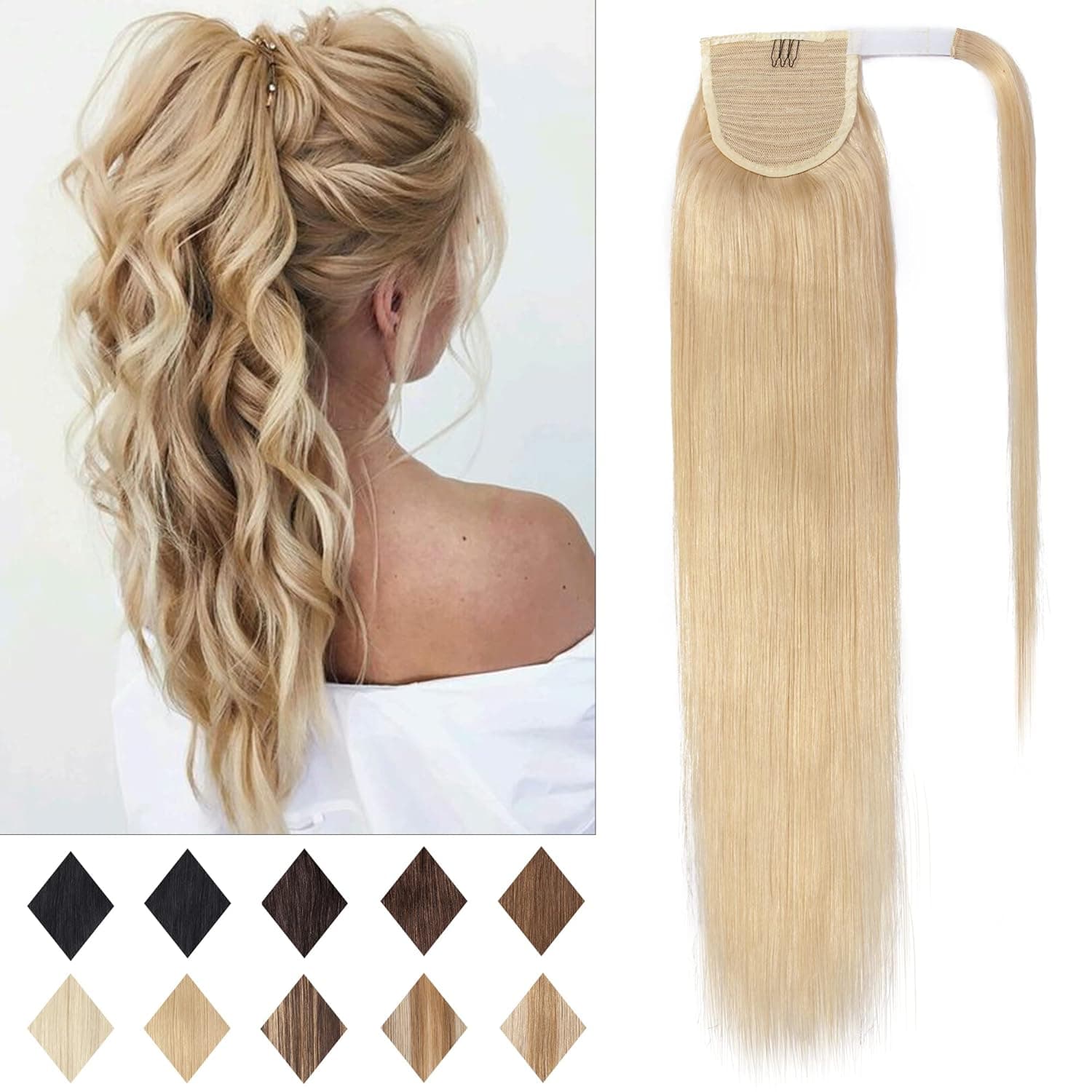SEGO Ponytail Extension Human Hair Pony Tails Hair Extensions Wrap Around Ponytail Hair Extensions 100% Real Remy Hair With Magic Paste Long Straight For Women 22 Inch 95g #613 Bleach Blonde