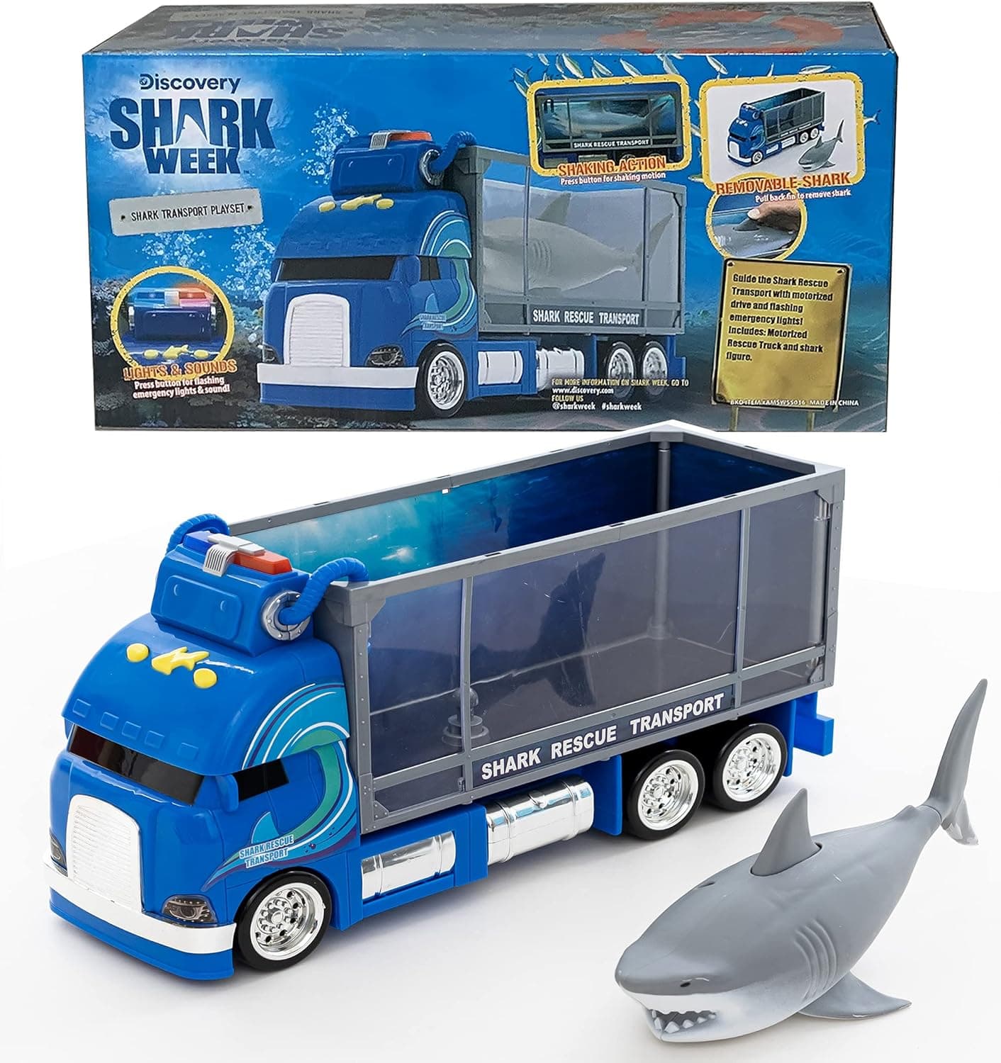 SHARK WEEK Discovery - Rescue Transport Truck Toy Playset for Kids, Includes Moving Toy Truck with Lights and Sounds, Great White Shark Tank, Hand Painted, Realistic, Eco Friendly, Officially Licensed