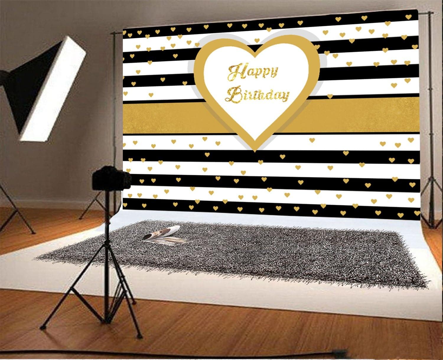 Laeacco 5x3ft Black and White Stripes Photography Background Photographic Backdrop with Hearts Happy Birthday Party Decorations Background Shiny Hearts Love Children Home