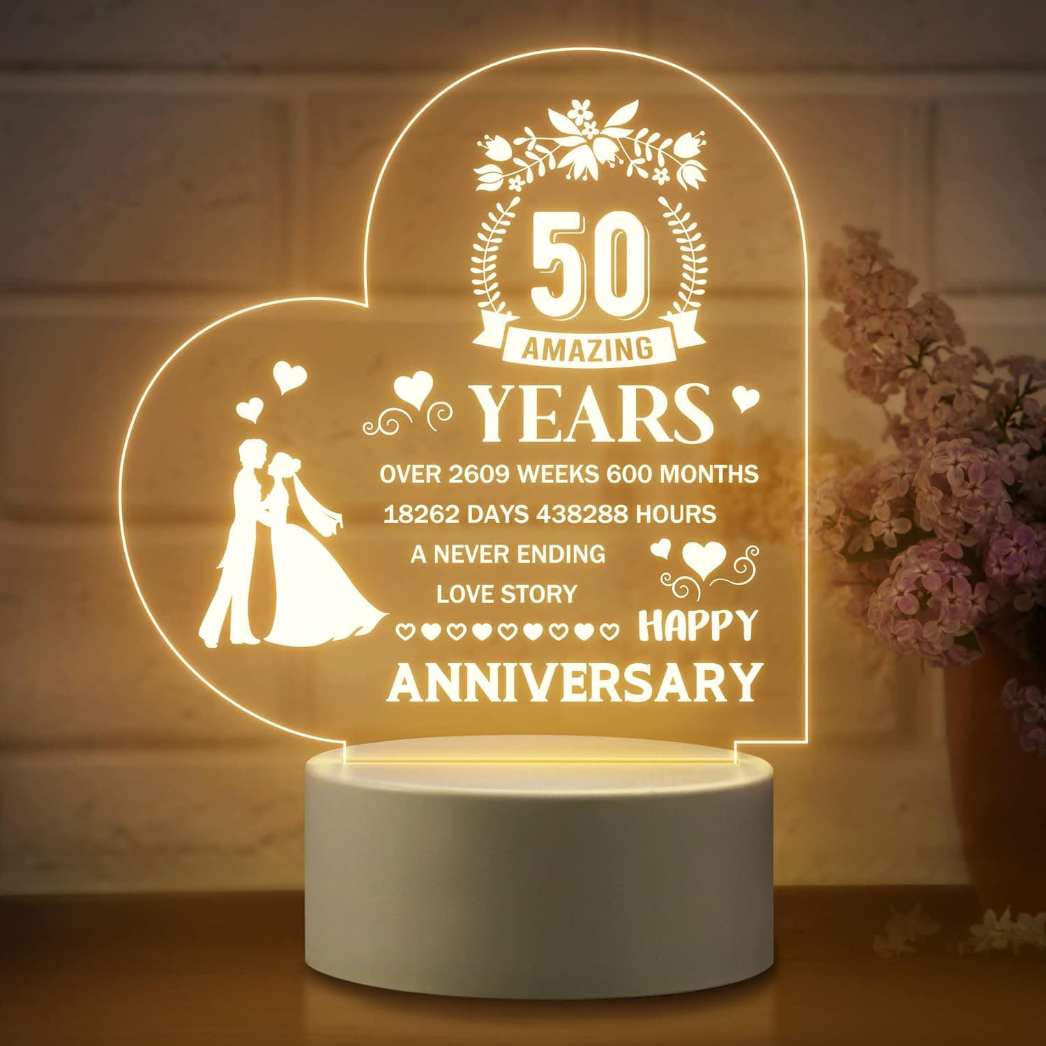 50th Anniversary Wedding Gifts, Best 50th Anniversary Romantic Gifts for Parents Couple - Personalized Engraved Night Light with Heartwarming Saying, 50 Years Golden Anniversary Marriage Gifts