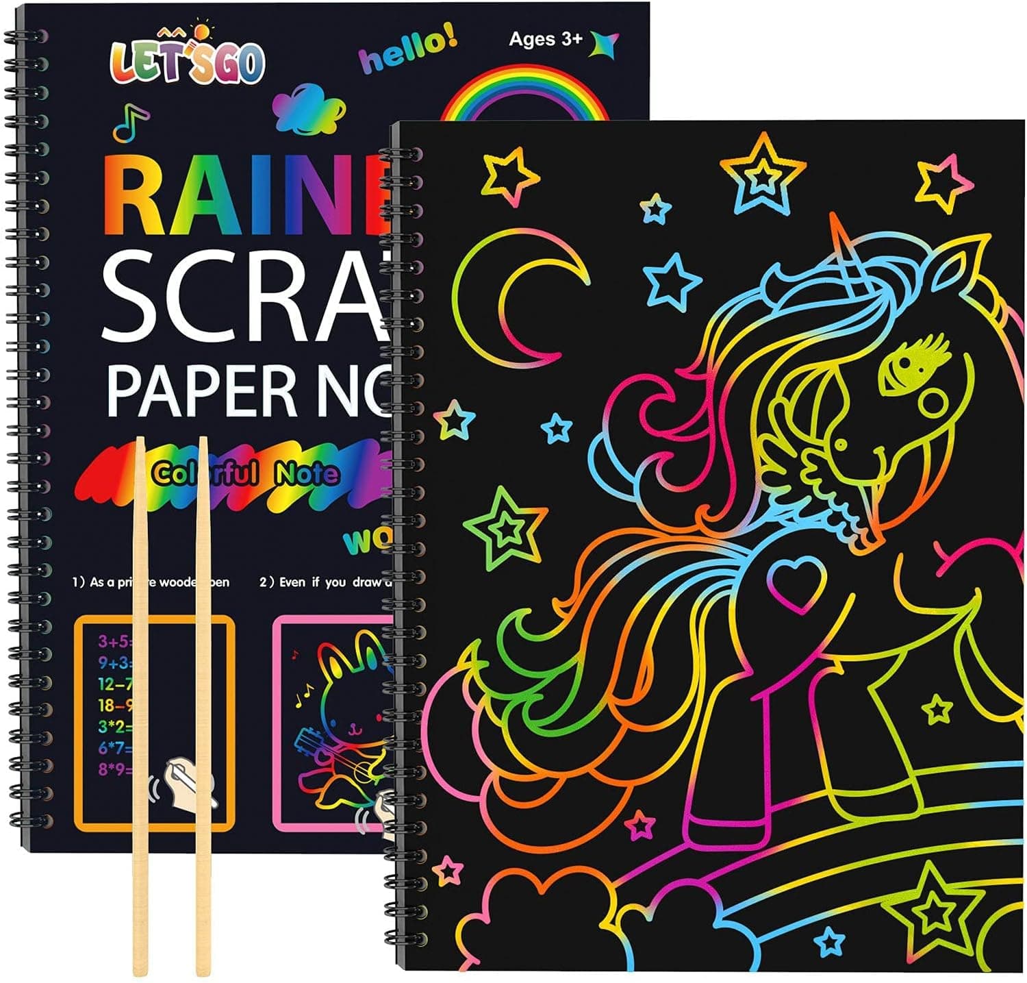 5 Year Old Girl Birthday Gifts：LET'S GO! 2 Pack Rainbow Scratch Paper Art for Kids Toys for 3 4 5 6 7 8 9 10 Year Old Girls Magic Arts and Crafts Supplies for Kids Ages 8-12 Kids Christmas Gifts