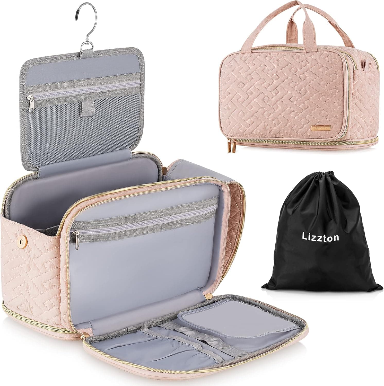 Lizzton Toiletry Bag for Women and Men, Large Travel Shaving Dopp Kit with Hanging Hook, Water-resistant Makeup Organizer Bag for Bathroom Toiletries, Cosmetics, Full-Sized Accessories (Pink)