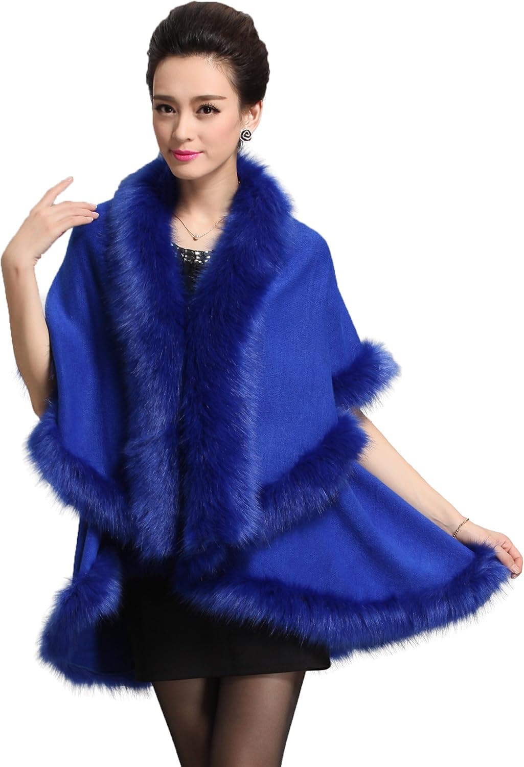 Caracilia Women Bridal Wedding Double Layer Long Faux Fur Shawl Wrap Stole Cape