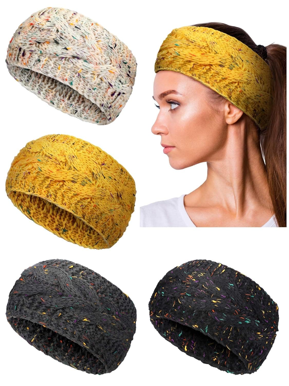 Knit Crochet Headband Winter Warm Head Wrap Ear Warmers Headband for Women Girls (Style Set 5, 4 Pieces)