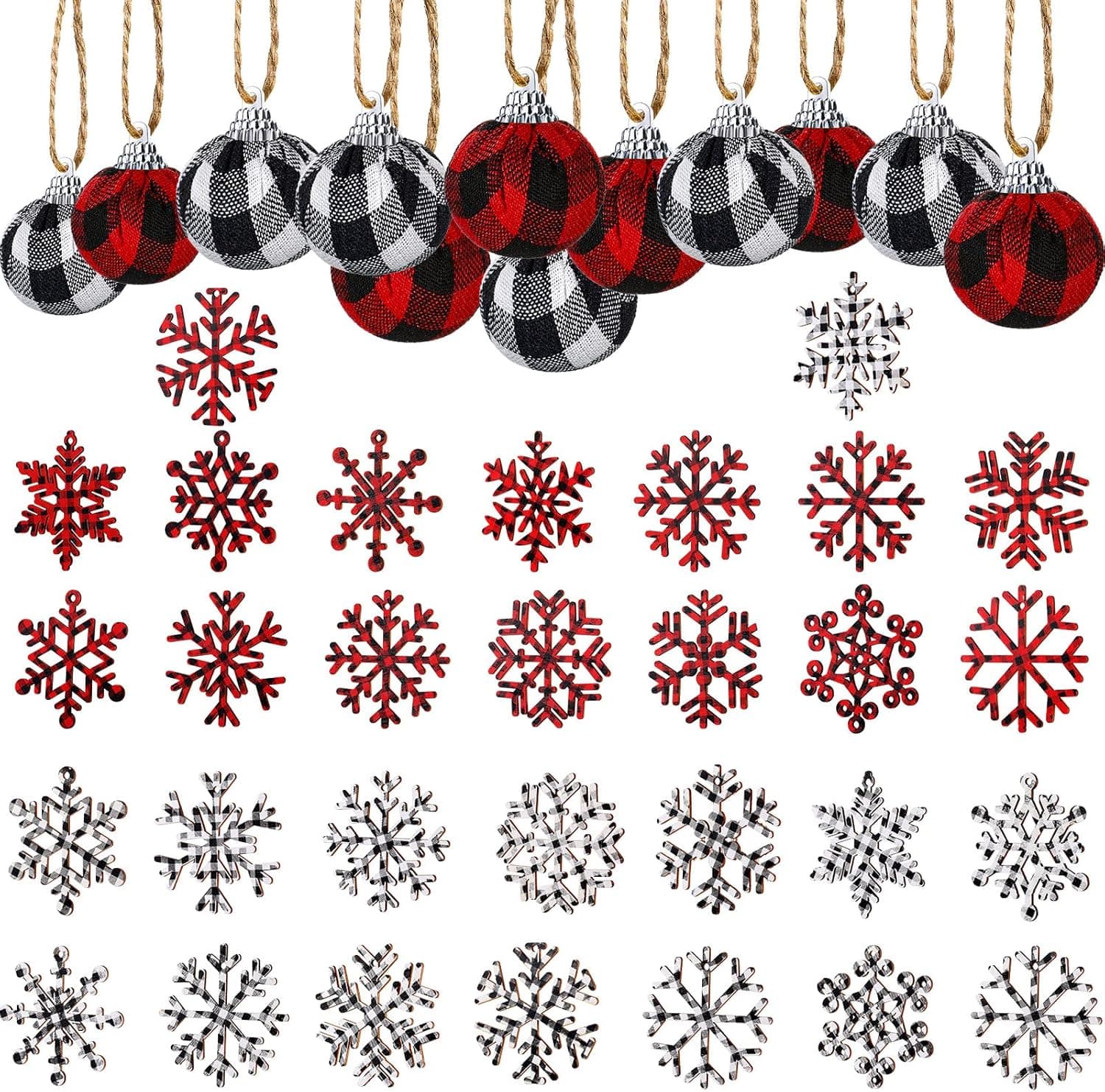 42 Pcs Christmas Buffalo Plaid Decoration Set Include 12 Pcs 2 Inch Xmas Check Fabric Ball Ornament, 30 Pcs 3 Inch Wooden Snowflake Hanging Ornament Black Red Plaid for Christmas Tree Party Decor