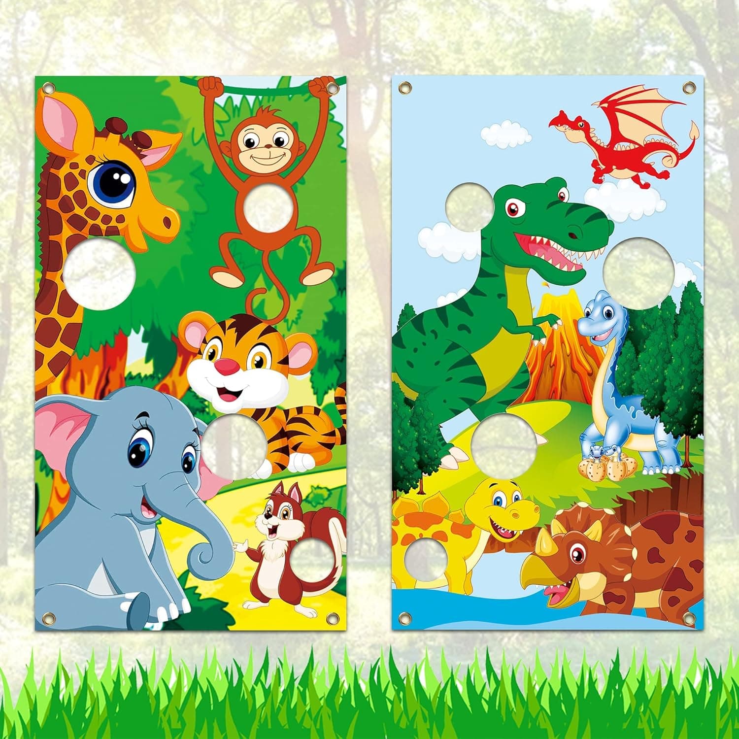 Double-Sided Funny Safari Jungle Animals and Dinosaur Toss Games Banner with Bean Bags Toy for Woodland Campout Backdrop Photo Background for Birthday Family Gathering Indoor Outdoor Party Supply