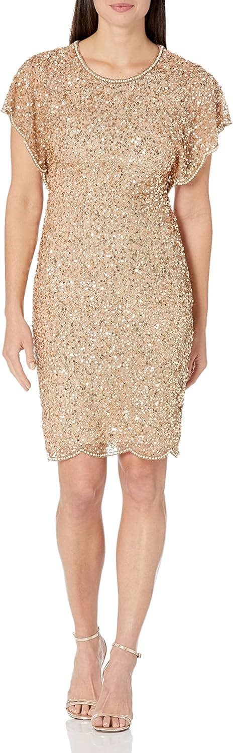 Adrianna Papell Women's Flutter Sleeve Boat Neckline Beaded Cocktail Dress