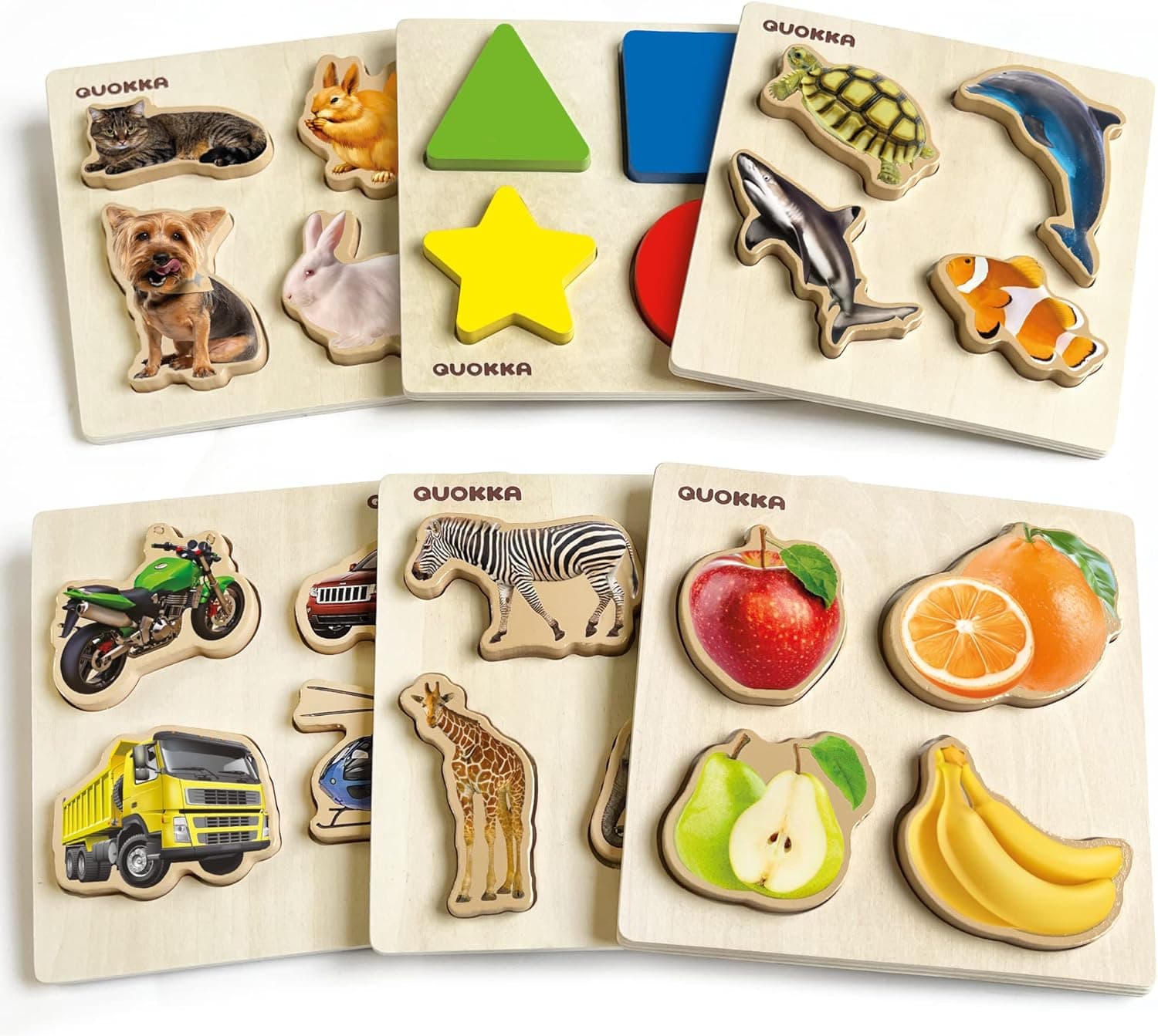 Wooden Puzzles for Toddlers 1-3 by Quokka – 6 Chunky Toddler Puzzles Ages 2-4 – Animal Learning Montessori Toy for Kids – Gift Realistic Educational Game for Boy and Girl