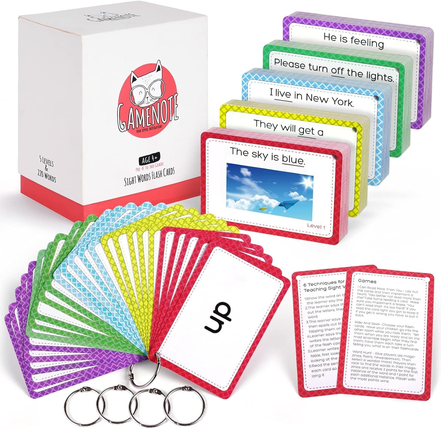 GAMENOTE Sight Words Kids Educational Flash Cards with Pictures & Sentences - 220 Dolch Big Words Sight Word Games for Kids Age 3-9 Preschool (Pre K), Kindergarten, 1st, 2nd, 3rd Grade