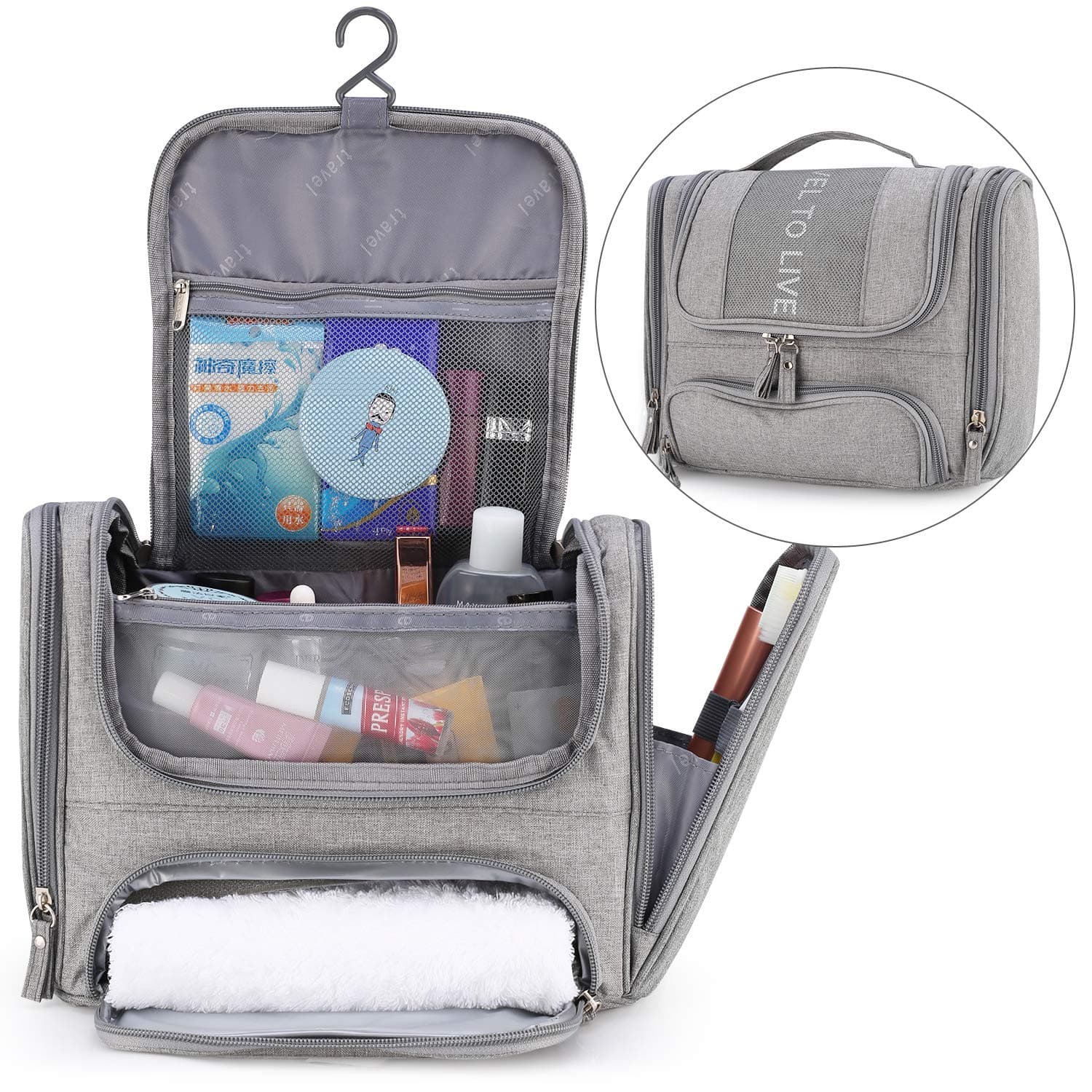 Toiletry Organizer,Hanging Travel Toiletry Bag for Women, Travel Organizer Bag with Large Capacity, Compact Bathroom Organizer Bag for Men, Portable and Waterproof Shower Bag (Grey)