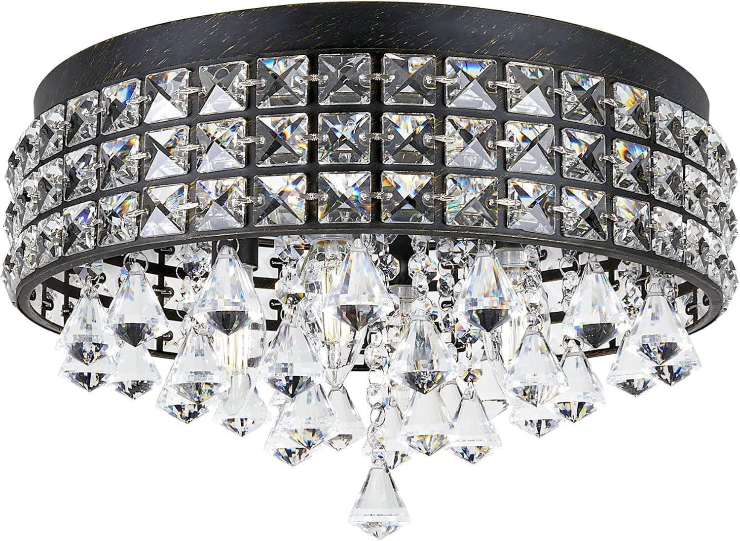 Kira Home Gemma 15" Modern Chic 4-Light Flush Mount Crystal Chandelier + Round Metal Shade, Dimmable, Brushed Black Finish