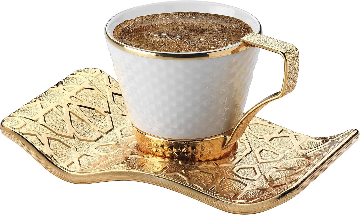 DEMMEX Stunning Espresso Turkish Coffee Cups with Metal Holders and Saucers Set for 6, 2.6 Ounces (White - Gold)