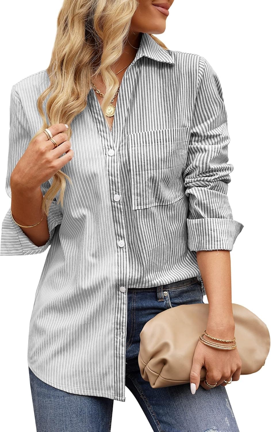 GRAPENT Women's Casual Button Down Shirt Striped Blouse Colorblock Long Sleeve Top