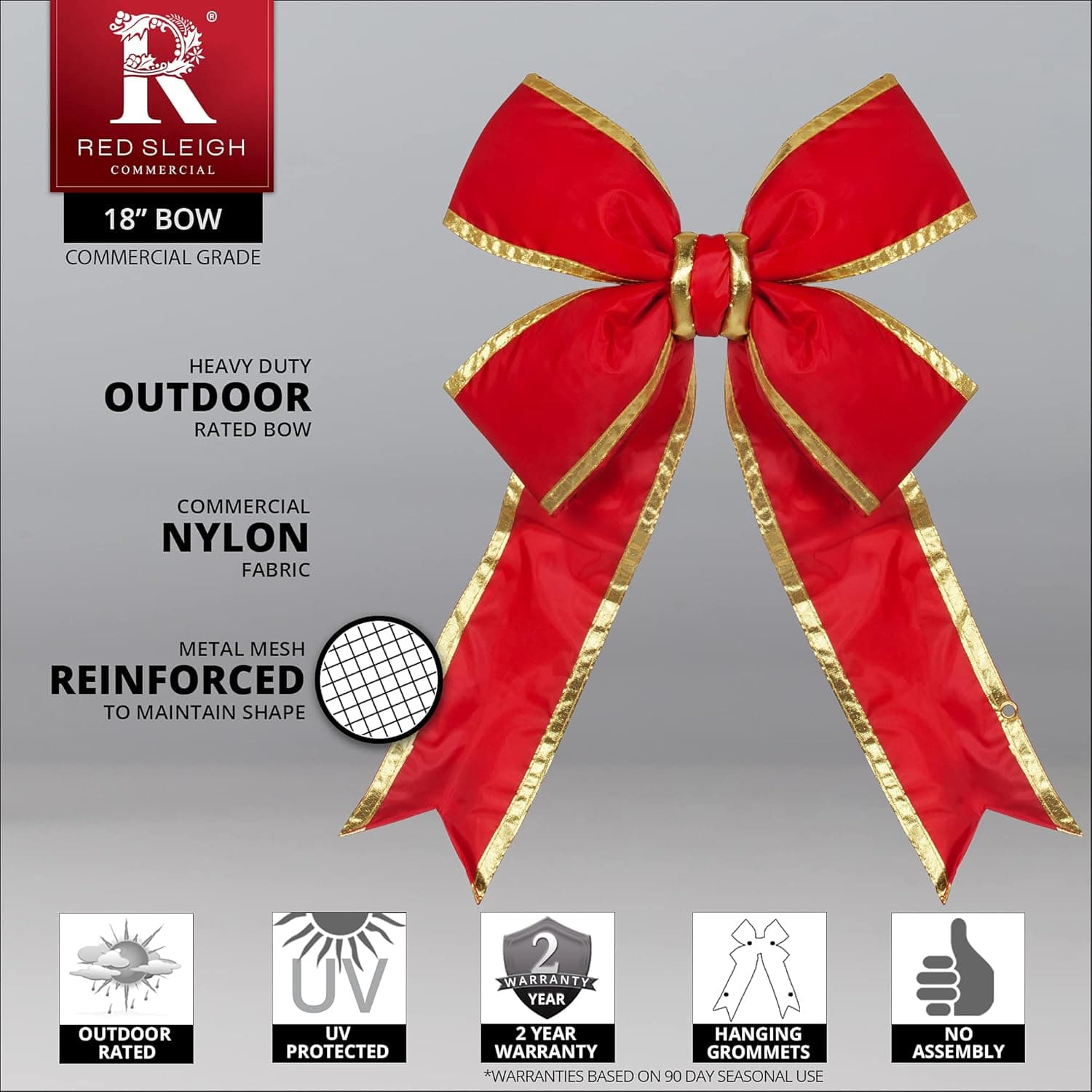 Big Red Bow - Large Outdoor Christmas Bow Commercial Christmas House Decorative Bow (18", Red with Gold Trim Structural 3D Nylon Bow)
