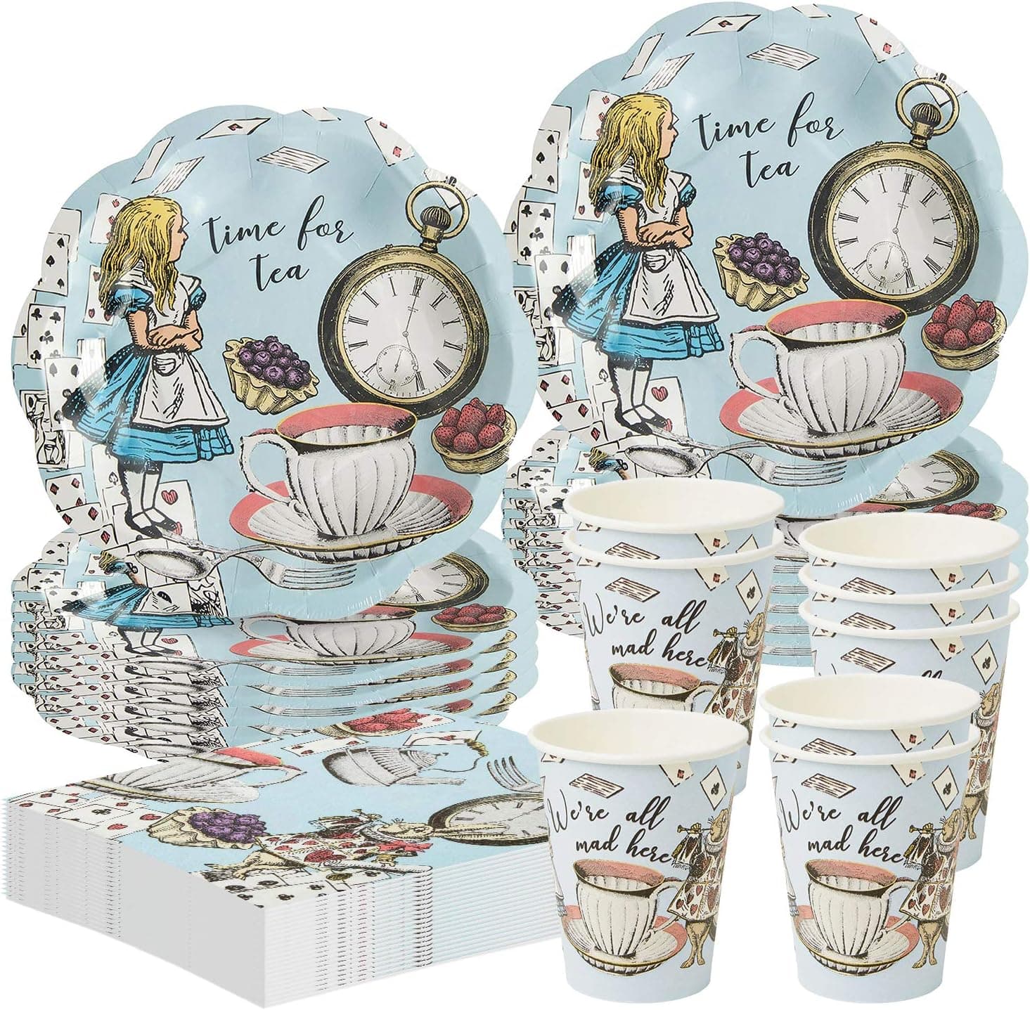 Talking Tables Time for Tea Alice in Wonderland Dinnerware Party Bundle | Plates, Napkins, Cups | Luncheons, Birthday Party, Tea Garden, Girls Events