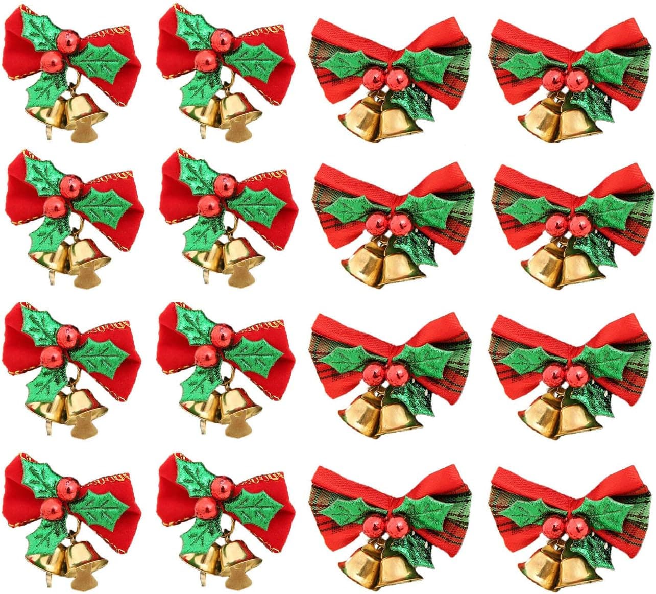 16 Pack Christmas Bow with Bells Xmas Mini Bowknot Craft Gift Ornament Christmas Tree Hanging Decor