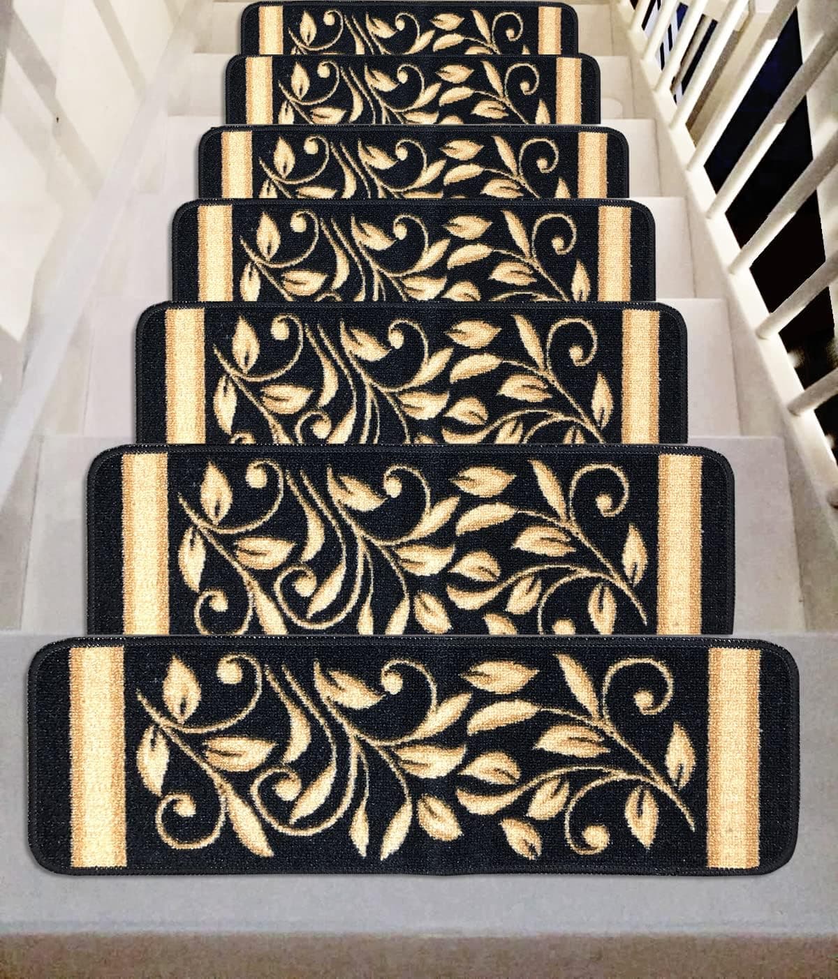 Gloria Anti-Slip Stair Treads Pet Friendly Stairway mats Anti-Skid Rubber Back Floral Design Stair Grippers (15, Black)