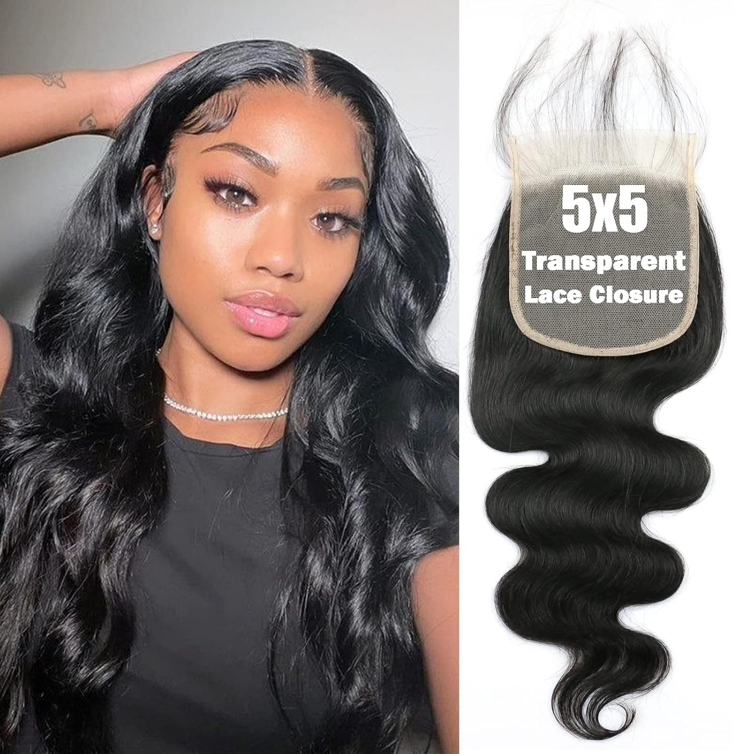 UNEED 5x5 Closure Body Wave Closure Human Hair 12A Transparent Lace Closure Brazilian Virgin Remy Human Hair Frontal Closure Pre Plucked with Baby Hair Natural Black Color (12 Inch)