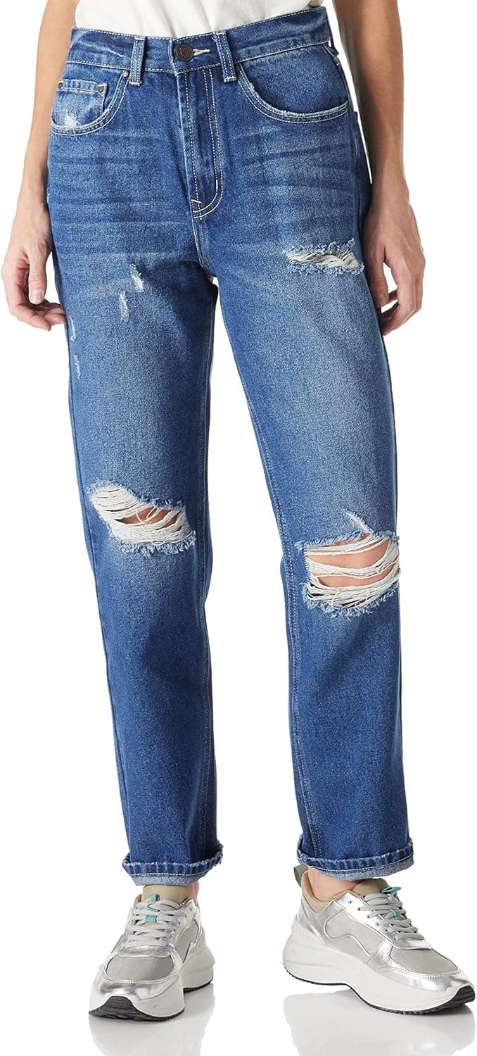 RHODANTHE Women's Ripped Mom Non-Stretch Jeans Trendy Loose Boyfriend Baggy Jean with Hole