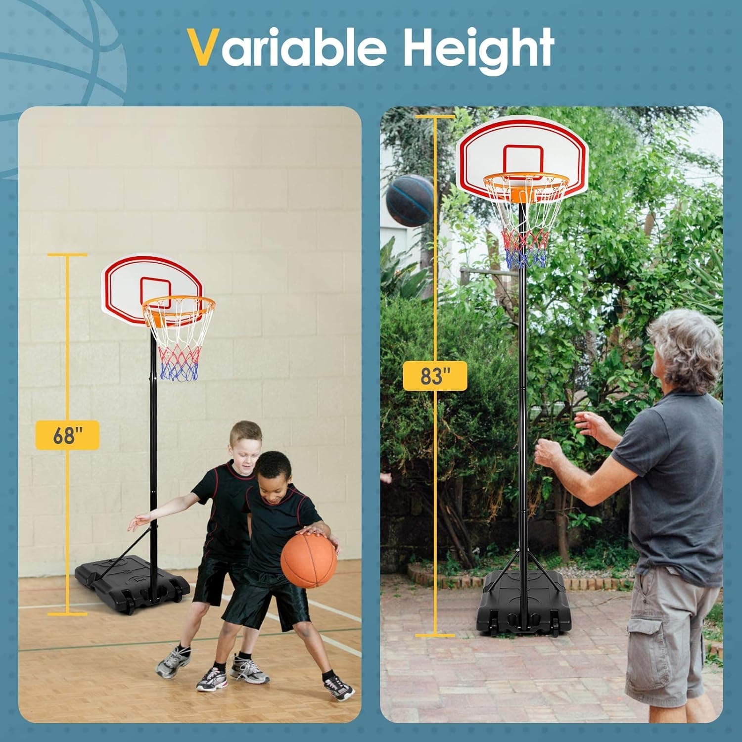 Portable Basketball Hoop, Adjustable Height, 28 inches Backboard Free Standing System w/Wheels Outdoor Indoor Basketball Training for Teenager, Black