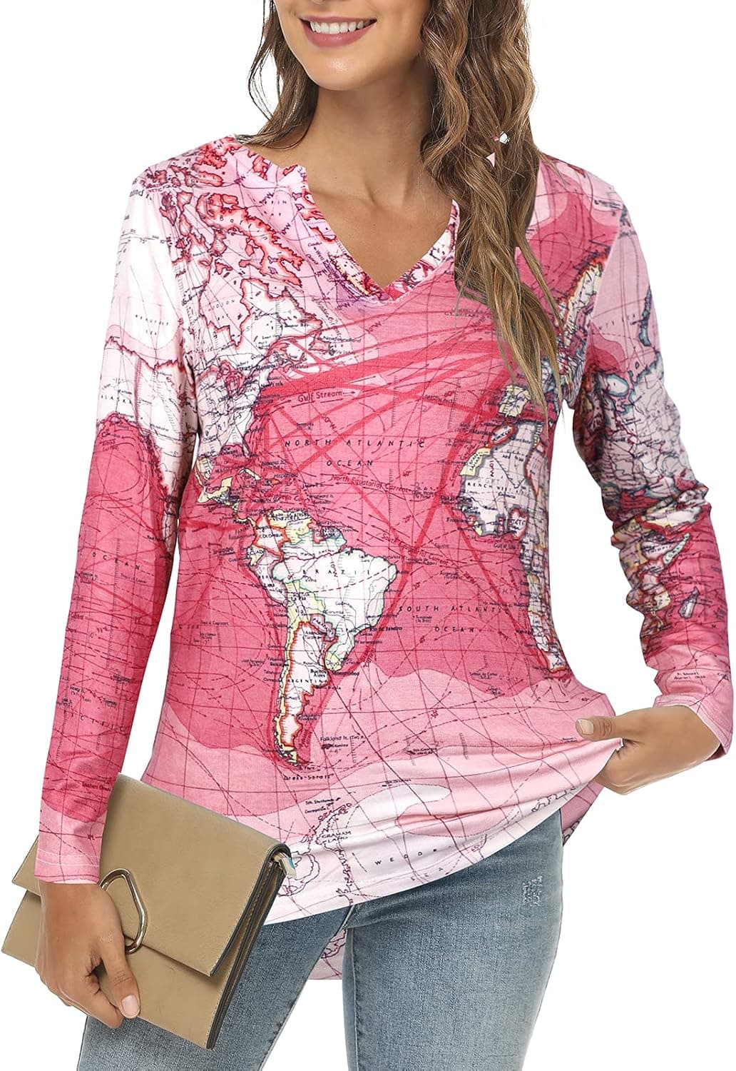 Womens Tops Graphic Sweatshirts for Women Retro World Map Print Shirt Blouse Casual Ring Hole V Neck Long Sleeve
