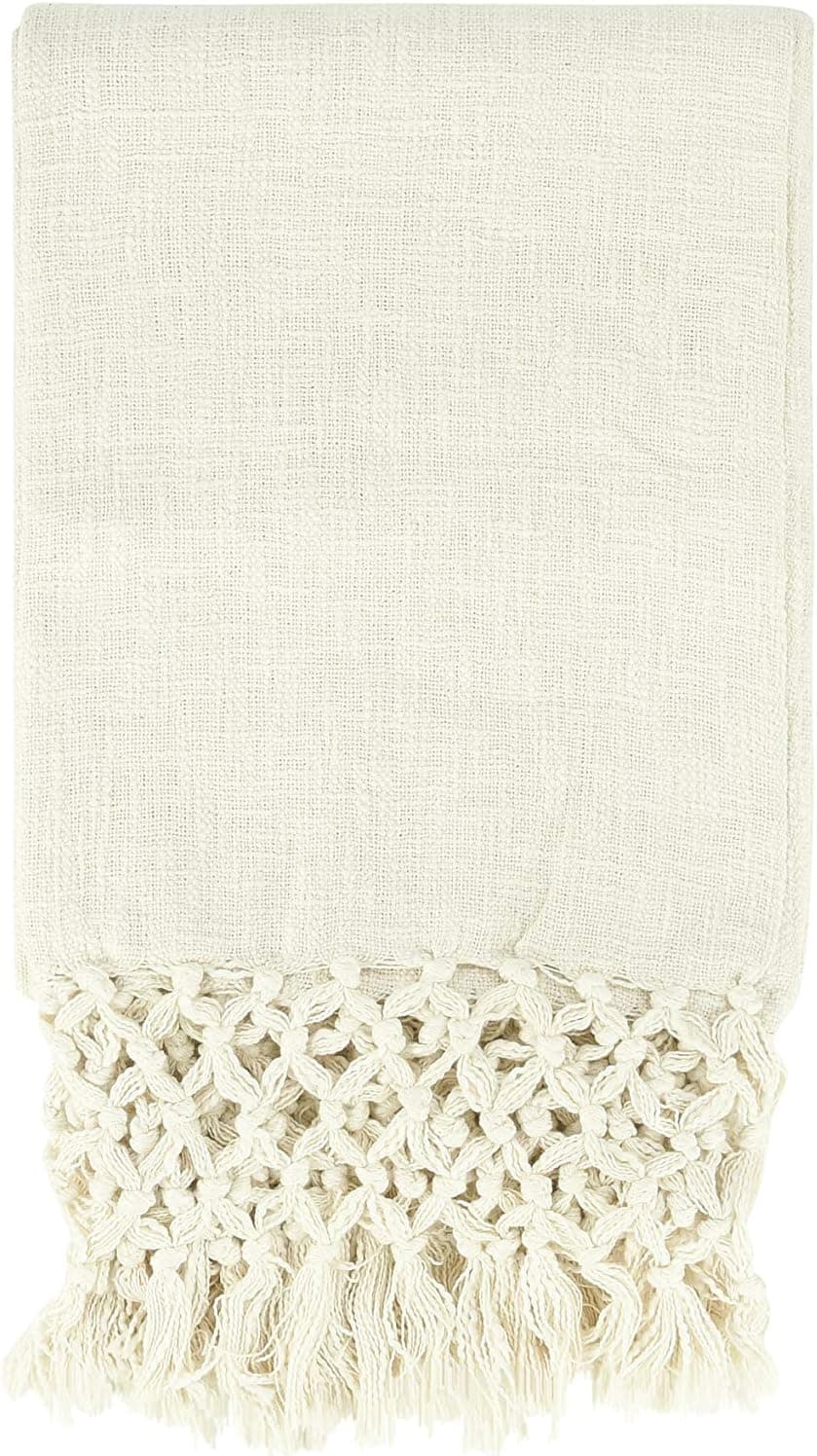 Creative Co-Op 50" L x 60" W Woven Cotton Crochet & Fringe Throw, Cream