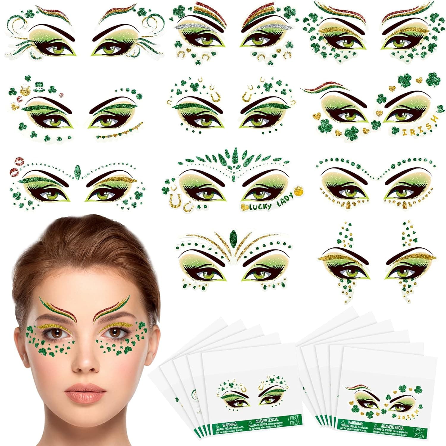 117 Pcs St. Patrick's Day Glitter Face Tattoos Green Face Jewelry Tattoos Temporary Face Jewelry Three Leaf Glitter Shamrock Clover Face Stickers for St. Patrick's Day Party Accessory, 33 Sheets